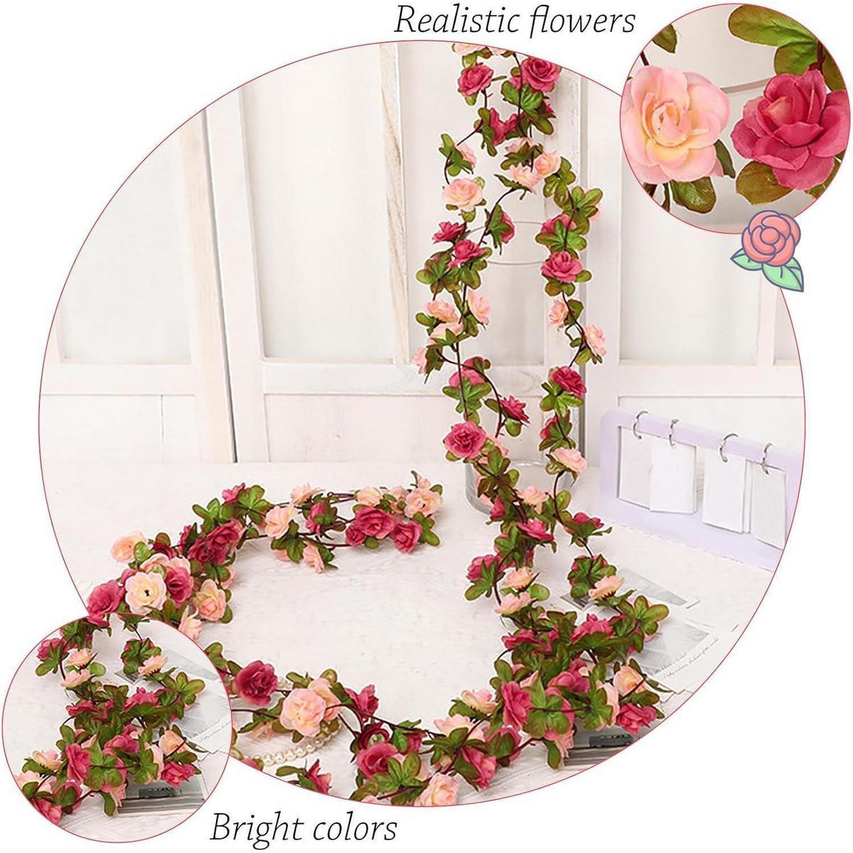 BLUMENGIRLANDE 3 Stück 2,45M Künstliche Rose Rot Fuchsia - Multicolor, Kunststoff (1cm)