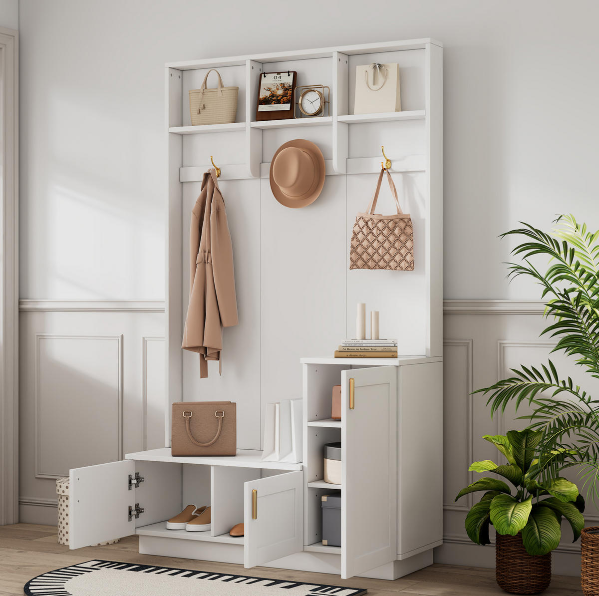 GARDEROBE 120/200/40 cm Weiß aus Spanplatte mit Schuhbank - Weiß, Holzwerkstoff (40/200/120cm) - OKMYHOME