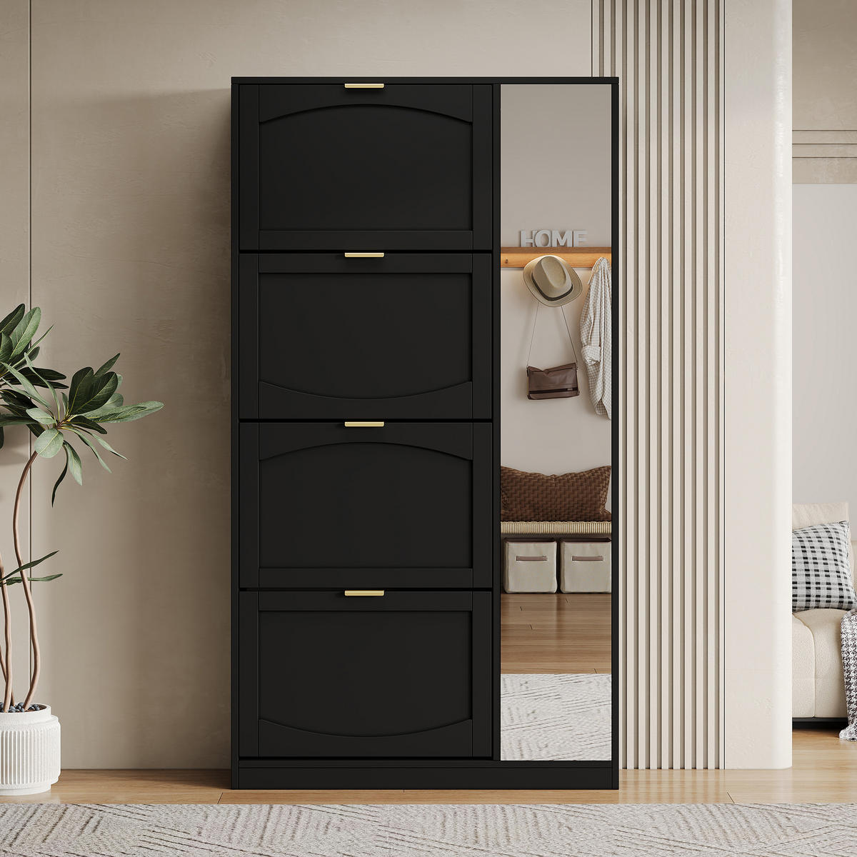 SCHUHSCHRANK aus Spanplatte 80x24x147cm in Schwarz mit Spiegeltüren - Schwarz, Holzwerkstoff (80/147/24cm) - Modfu