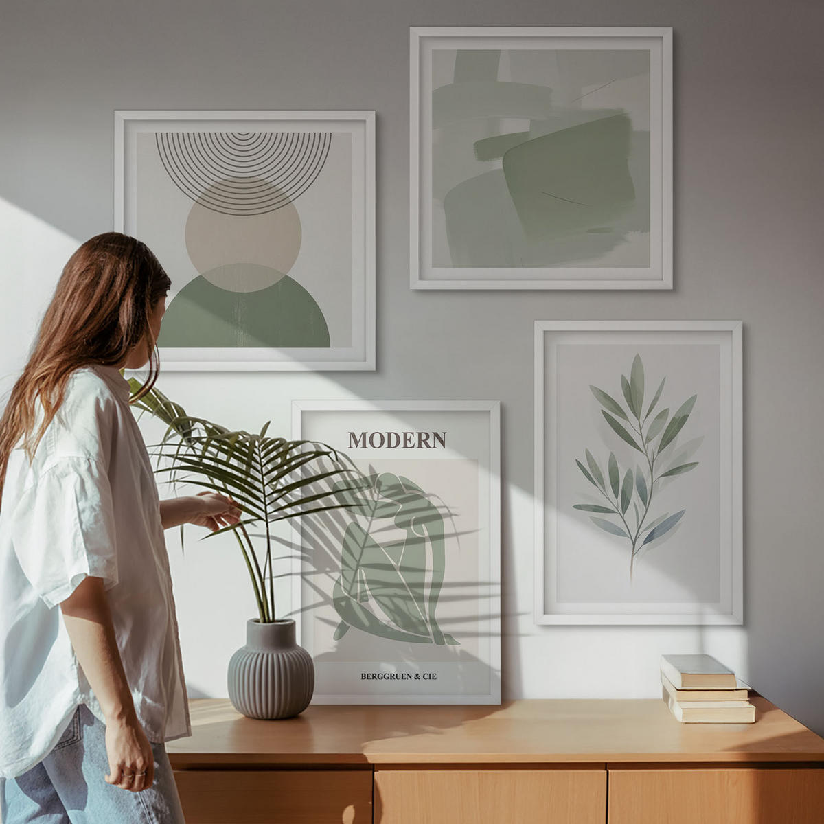 BILDER SET 4er Set - 50x50 cm & 40x60 cm Weißer Rahmen - Stilvolle abstrakte Pflanzengrafiken - Weiß, Kunststoff (50/50cm) - TULUP