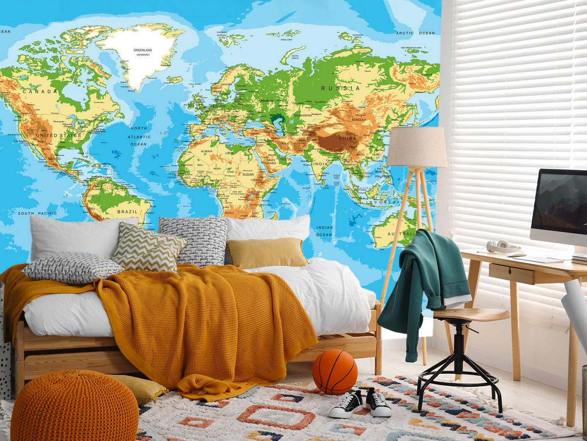 FOTOTAPETE für Wohnzimmer Physische Weltkarte Schriften 150x105 - Blau/Gelb, Papier (150/105cm) - Muralo