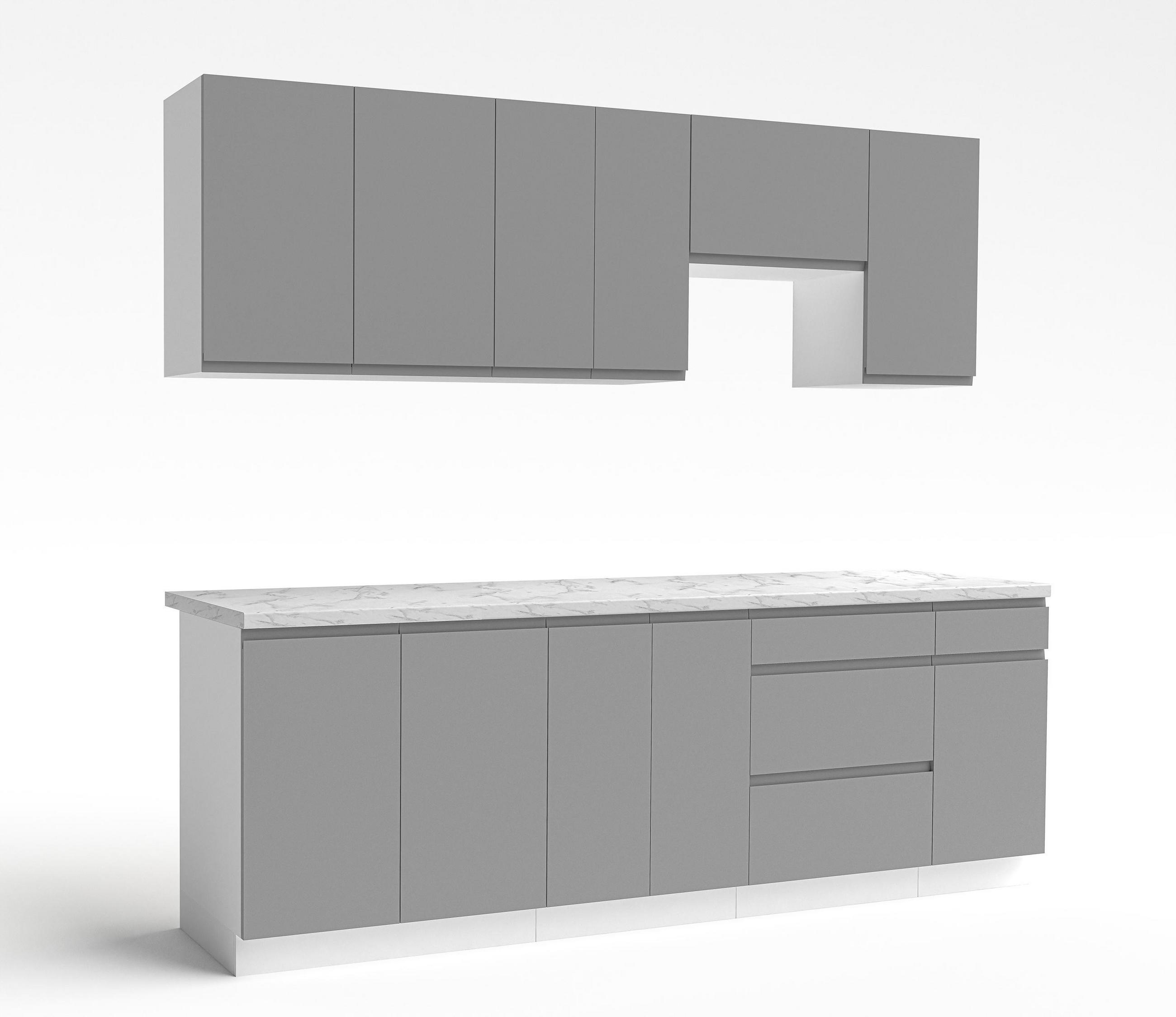 KÜCHENLEERBLOCK Aquileia 240 cm Grau mit Weißem Korpus mit Arbeitsplatte Marmor Bianco - Hellgrau/Grau, Holzwerkstoff (240/157.8/60cm) - AX Living