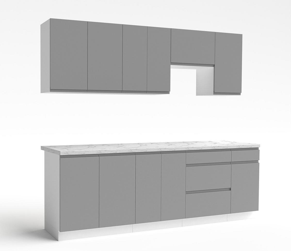 KÜCHENLEERBLOCK Aquileia 240 cm Grau mit Weißem Korpus mit Arbeitsplatte Marmor Bianco - Hellgrau/Grau, Holzwerkstoff (240/157.8/60cm) - AX Living