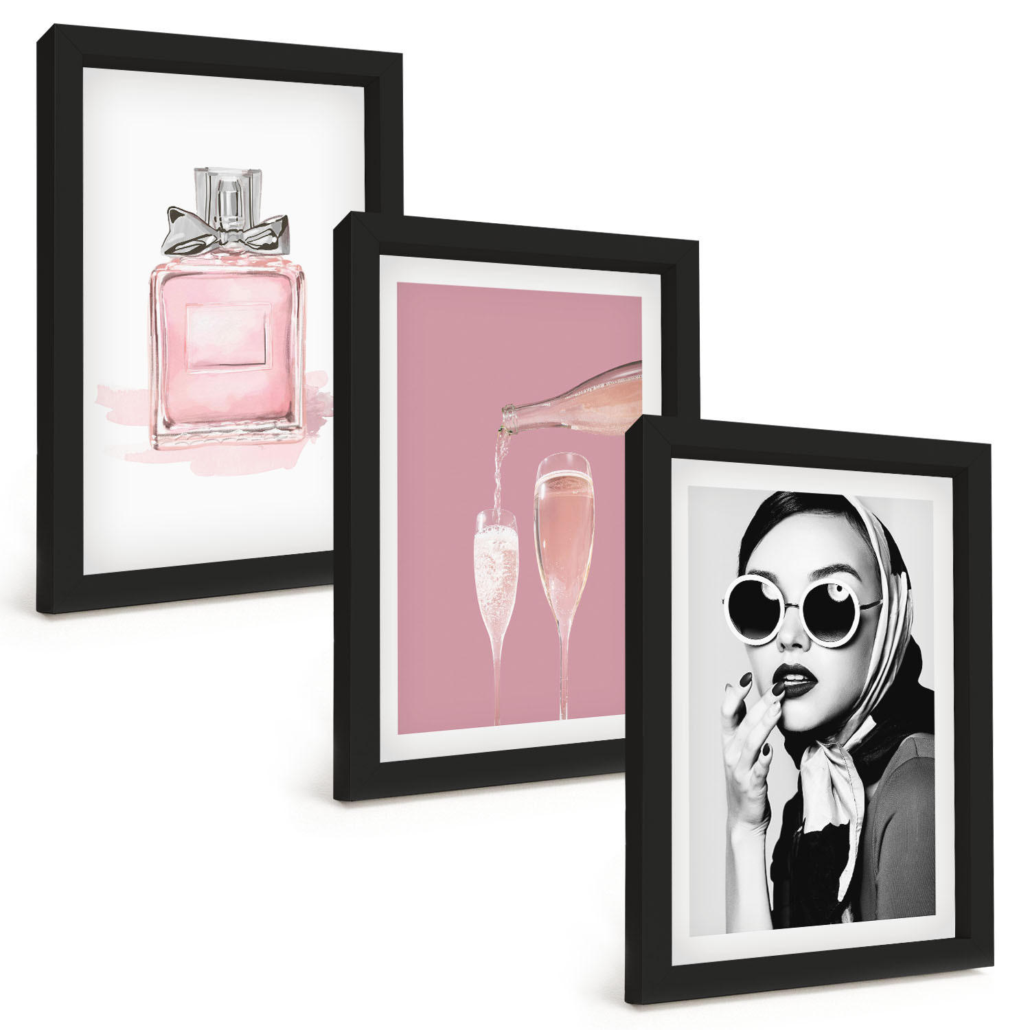 BILDER SET 3er Set - 20x30 cm Schwarzer Rahmen - Stilvolle pinkfarbene Accessoires - Schwarz, Kunststoff (20/30cm) - TULUP