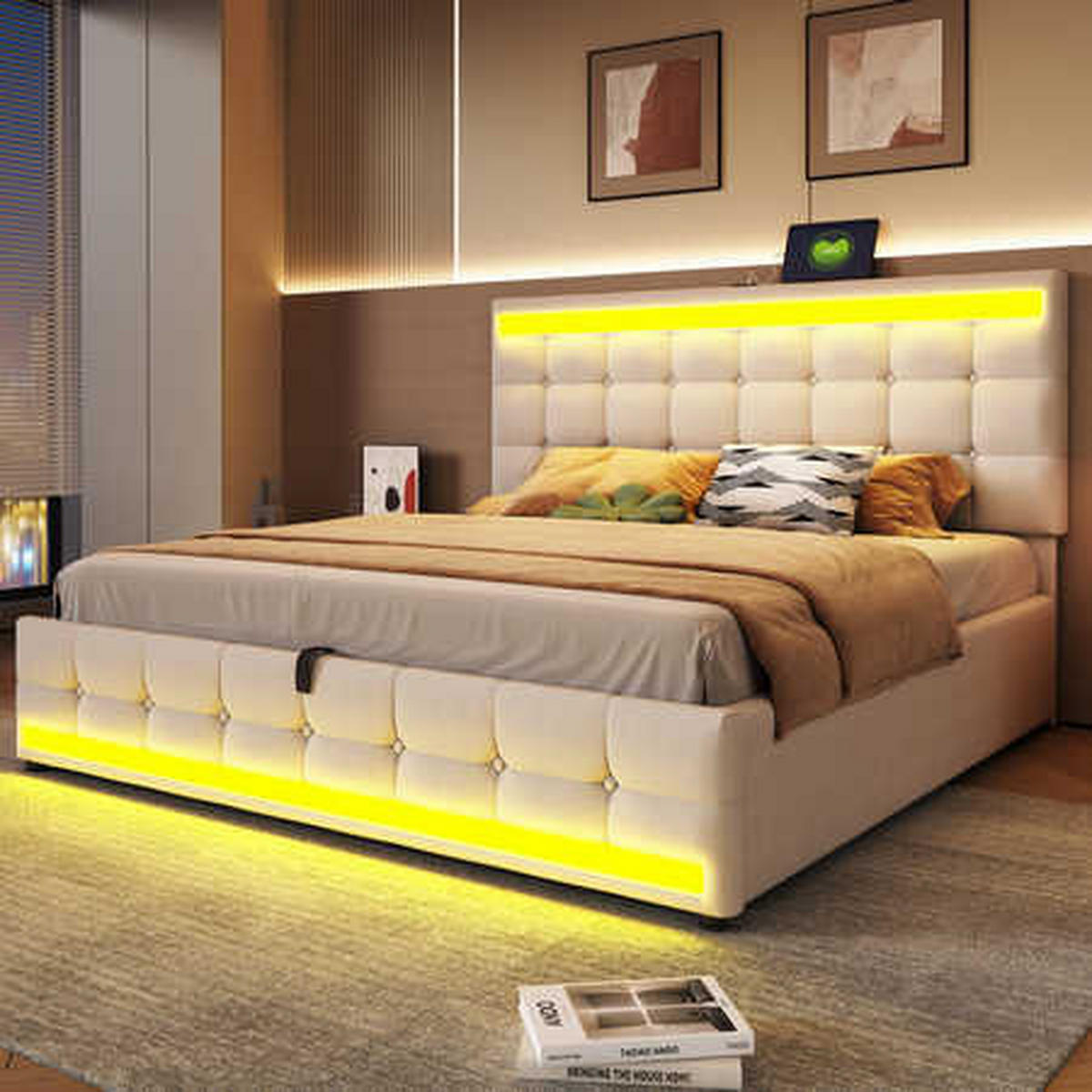 POLSTERBETT 180x200 Beige Leinen LED Stauraum - Beige, Textil (180/200cm) - FLIEKS