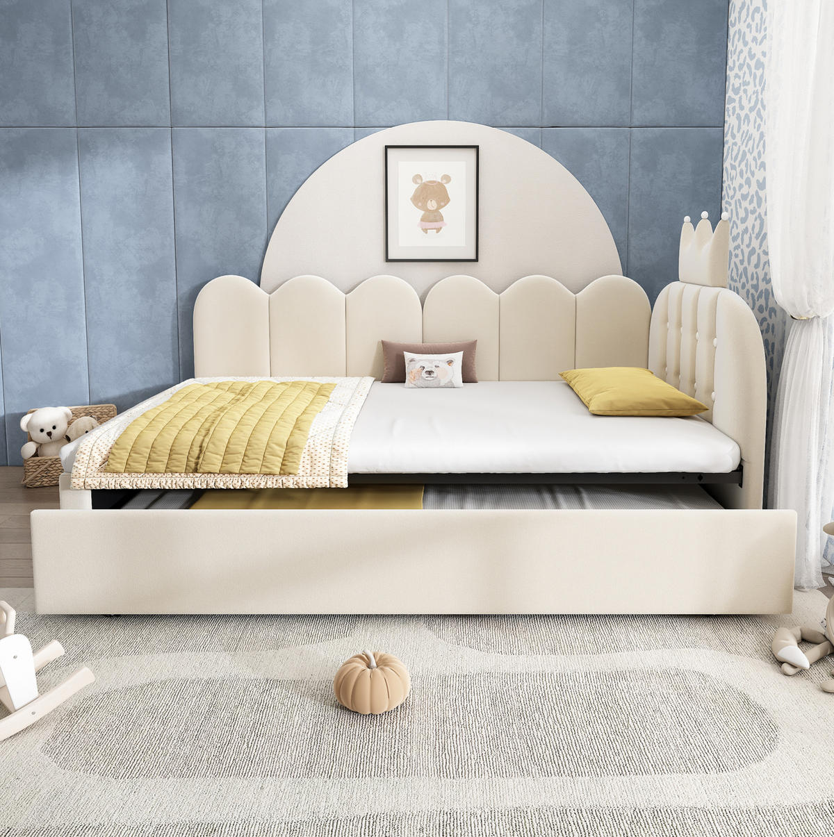 KINDERBETT Polsterbett 90/200 cm aus Samt mit Ausziehbett und Kronendesign Beige - Beige, Textil (90/200cm) - Modenvie