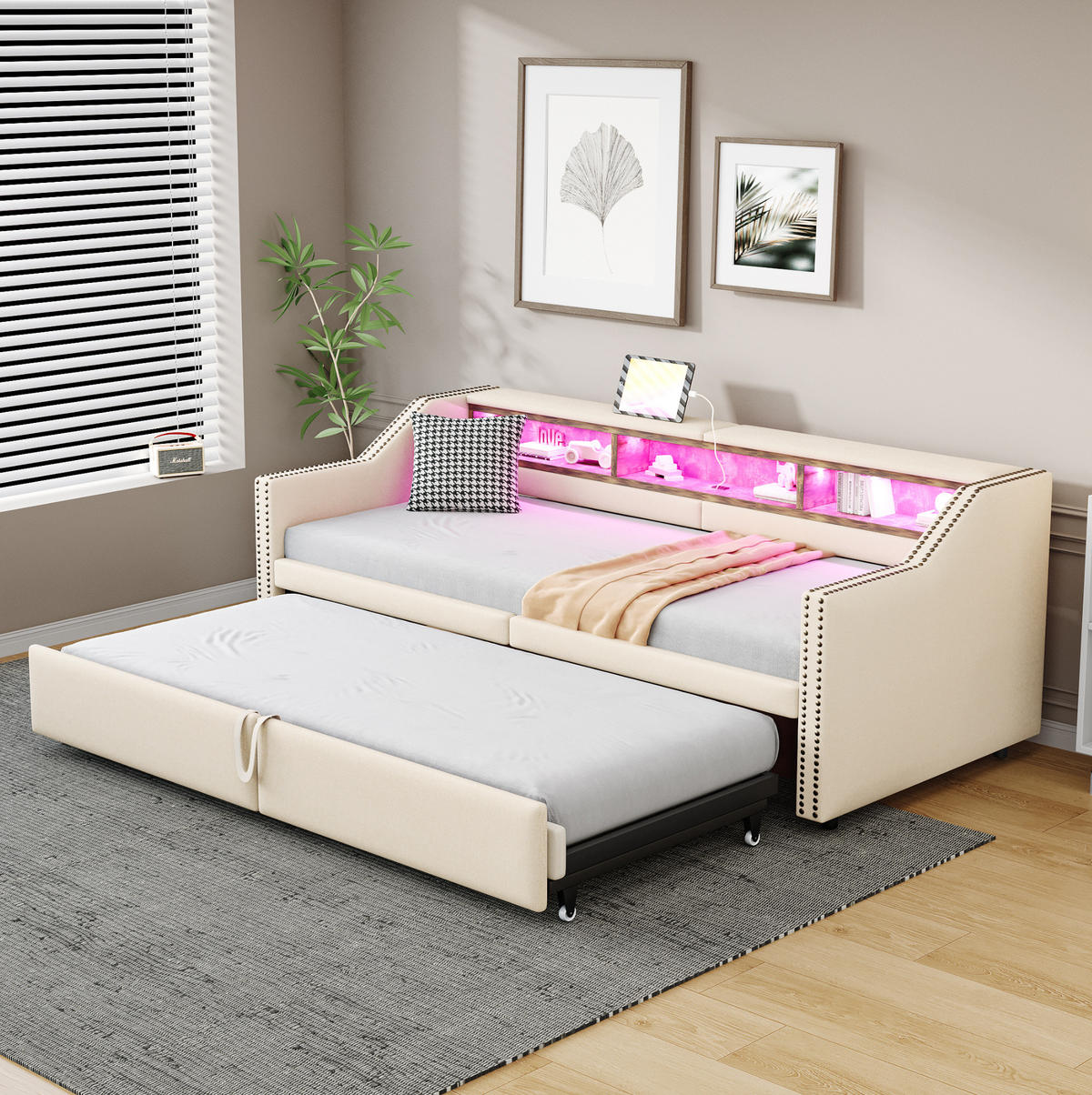 POLSTERBETT 90/180 x 200 cm aus Leinenstoff mit Ausziehfunktion LED und USB Beige - Beige, Textil (90/180cm) - Modenvie