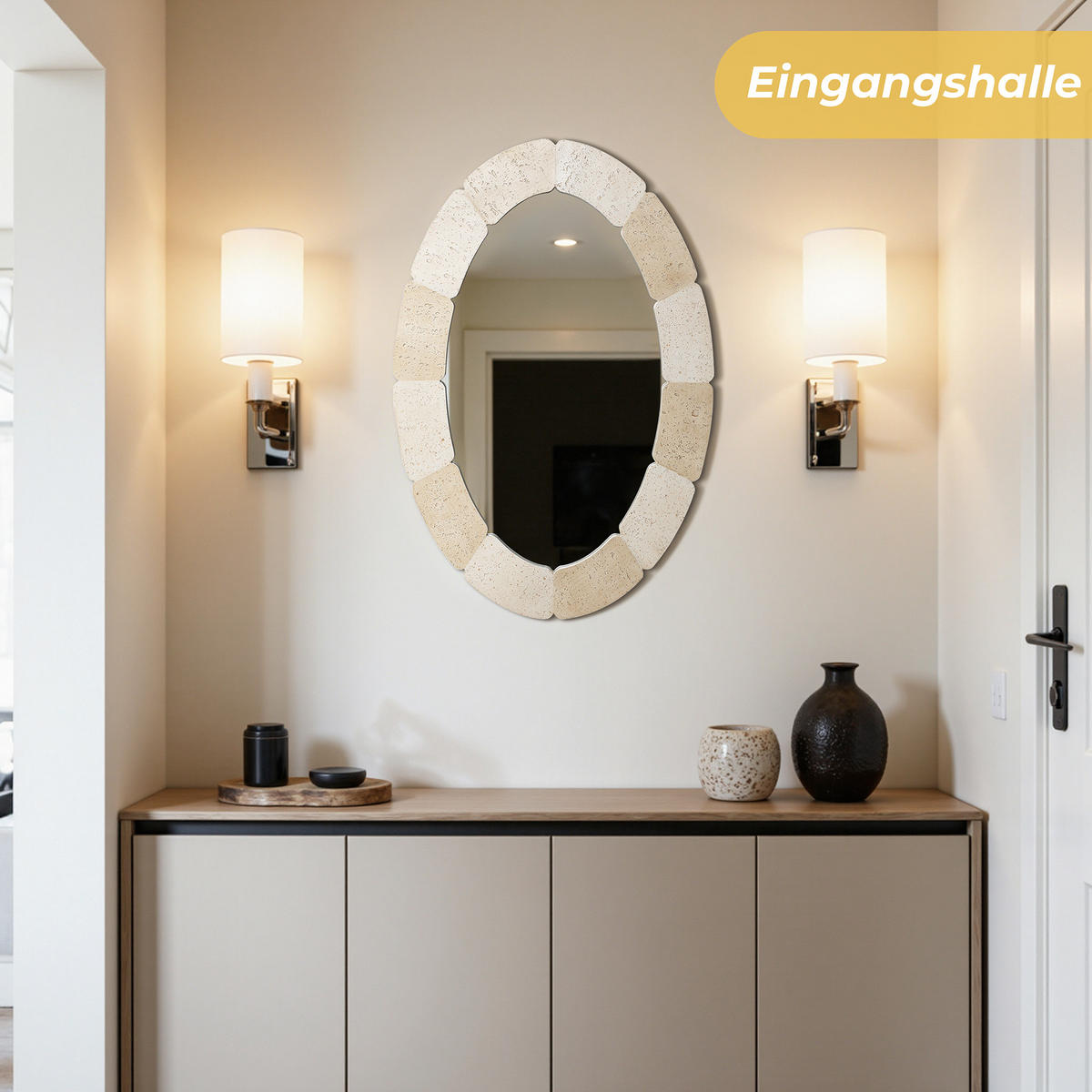 78CM H Ovaler Wandspiegel mit Polyharzrahmen Geeignet für Badezimmer, Wohnzimmer, Schlafzimmer usw. Moderner Boho-Stil - Beige/Akaziefarben, Glas/Kunststoff (78/3.5/52cm) - Hometopia