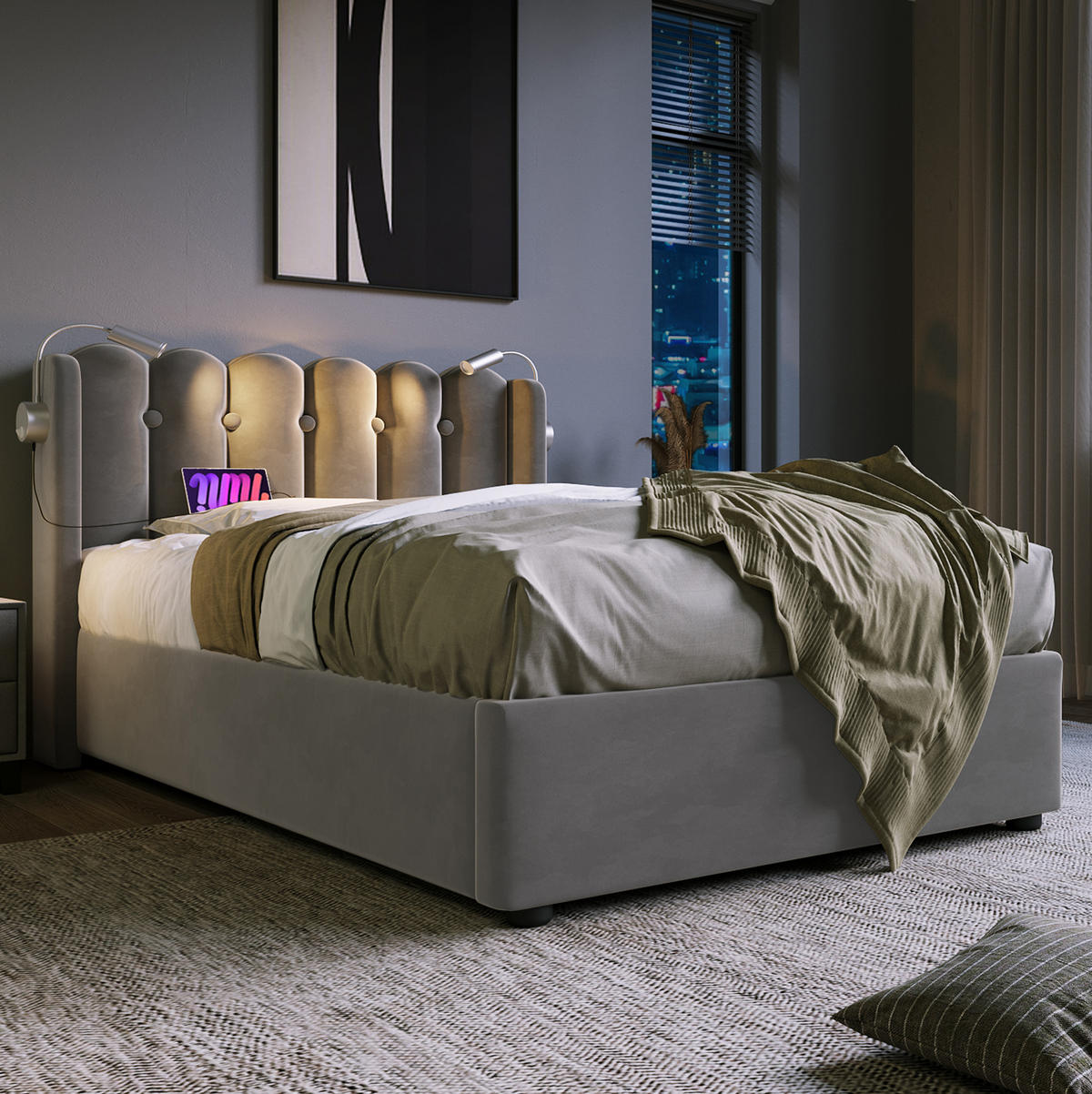 POLSTERBETT mit Bettkasten & USB 90x200 cm Samt Grau - Grau, Metall (90/200cm) - Meubliv