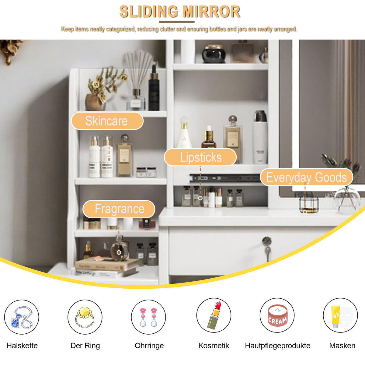 SCHMINKTISCH-SET 85 cm in Weiß mit LED-Spiegel, Hocker & verspiegelten Schiebetüren - Weiß, Holzwerkstoff (85/130/36cm) - Urban Meuble