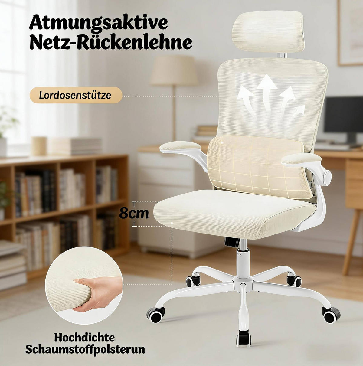 BÜROSTUHL ergonomisch höhenverstellbar Beige mit Rädern - Beige, Metall (62/123.5/67.5cm) - Meubliv