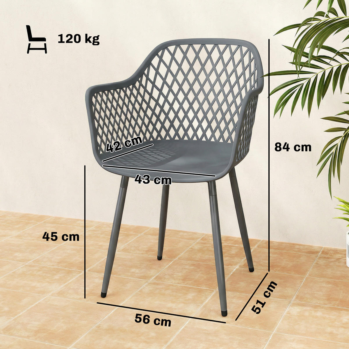 GARTENSTUHL 4er Set UV-beständige Gartenstühle aus Kunststoff mit Armlehne Rückenlehne 56 x 51 x 84 cm Dunkelgrau - Dunkelgrau, Metall (56/84/51cm)