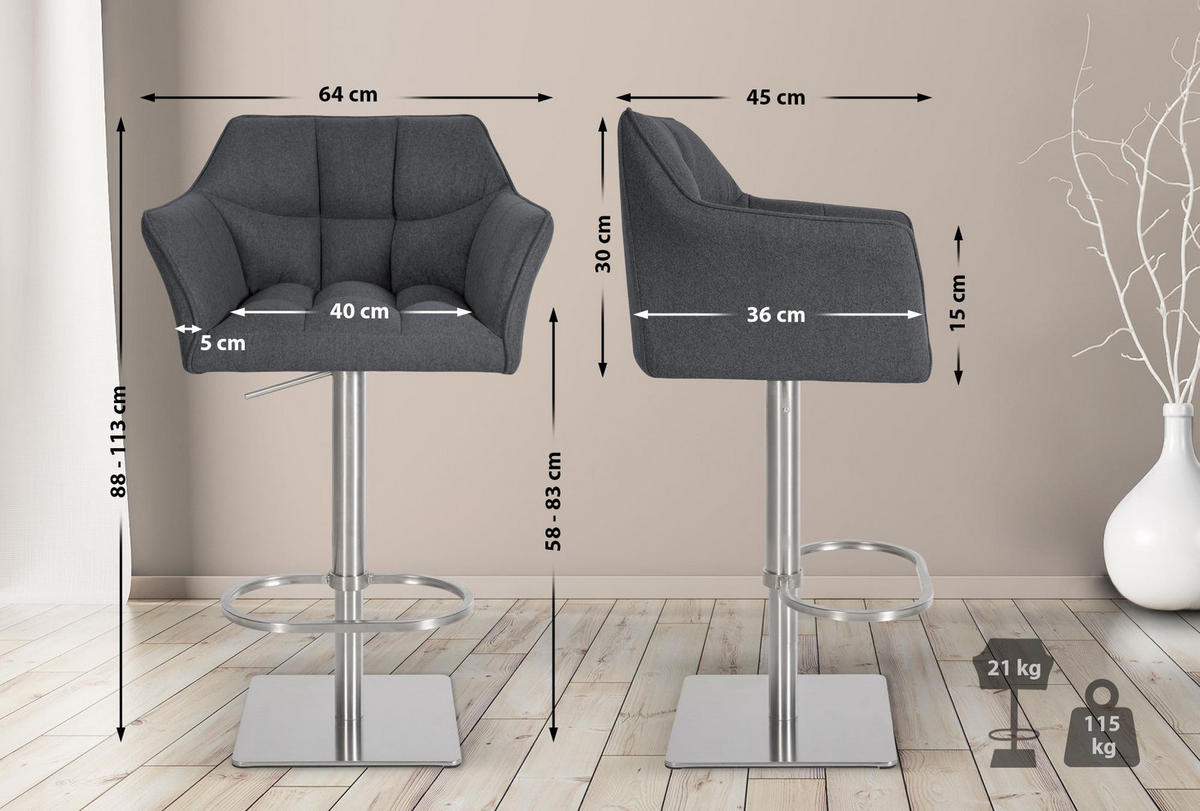 BARHOCKER Filz Grau - Edelstahlfarben/Grau, Textil/Metall (64/88/45cm) - CLP