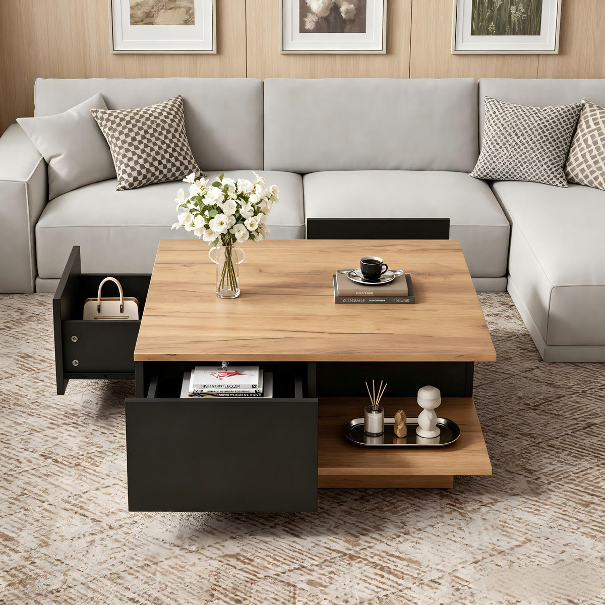 COUCHTISCH 70x70x31,5cm Hochglanz-Wohnzimmertisch mit 3 Schubladen Schwarz-Holz - Schwarz, Holz (81.89/78.74/14.66cm) - Raelunyi