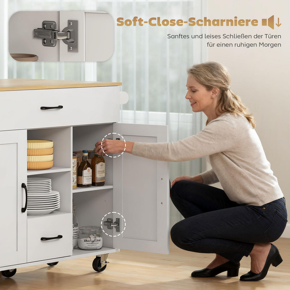 KÜCHENINSEL Küchenwagen auf Rollen mit 2 Schubladen, 2 Soft-Close-Türe Weiß - Schwarz/Weiß, Holzwerkstoff/Metall (70/89/115cm) - HOMCOM