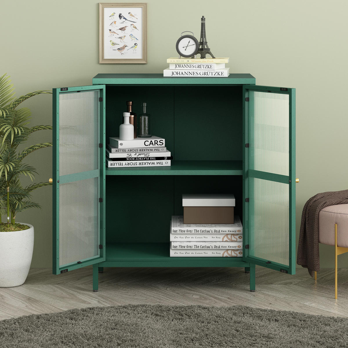 VITRINE Säkylä - Dunkelgrün/Transparent, Glas/Metall (64/84/35cm) - [en.casa]