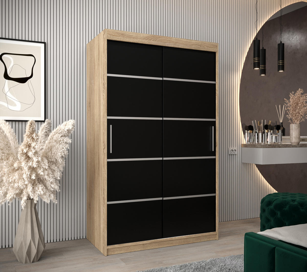 SCHWEBETÜRENSCHRANK 200/120/62 2-türig - Silberfarben/Schwarz, Holz/Kunststoff (120/200/62cm) - MÖBEL KRYSPOL
