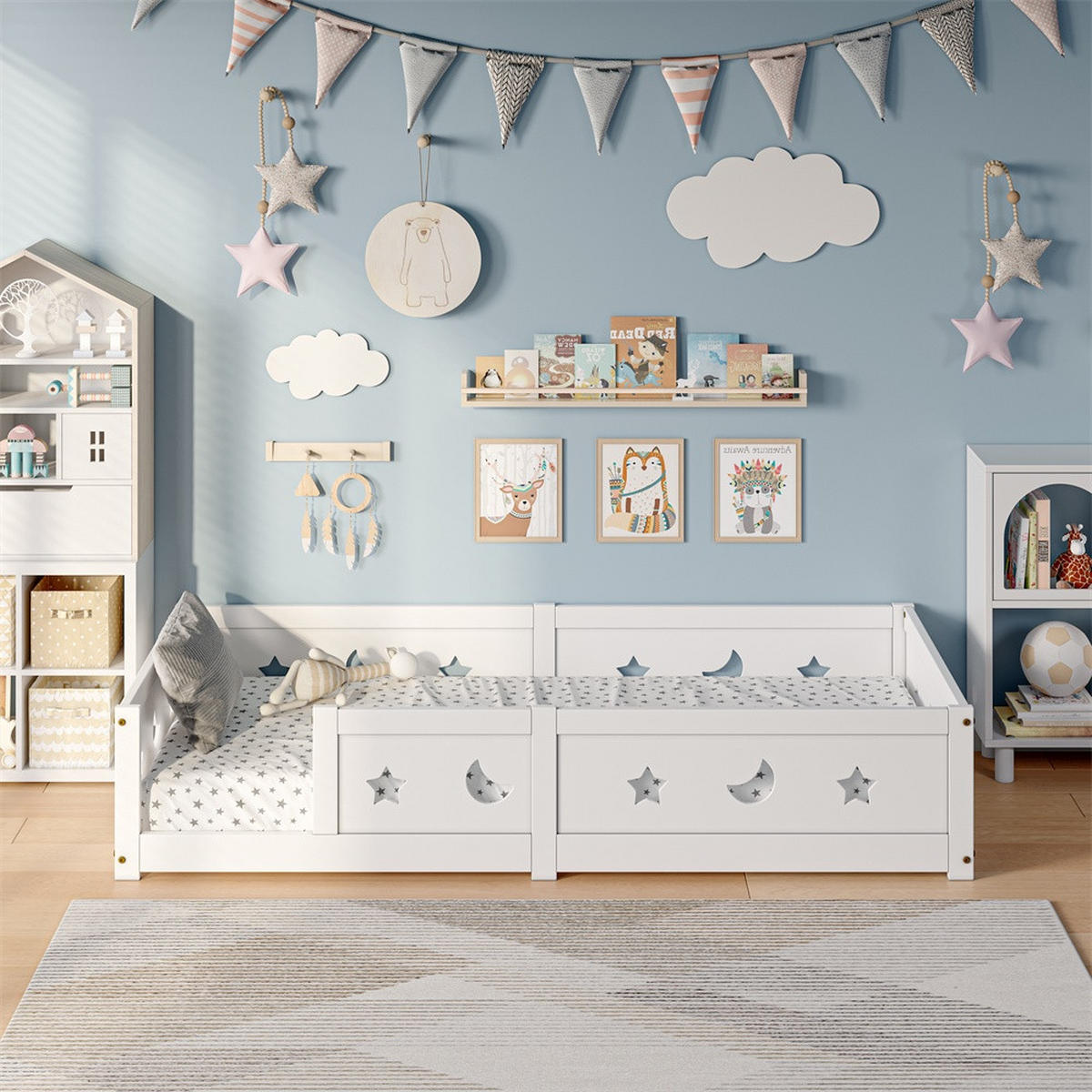 KINDERBETT 90x200 cm - Bodenbett mit Rausfallschutz - mit Sternen- und Mondmotiven - ohne Matratze - Weiß - Weiß, Holz (90/200cm) - DELFA