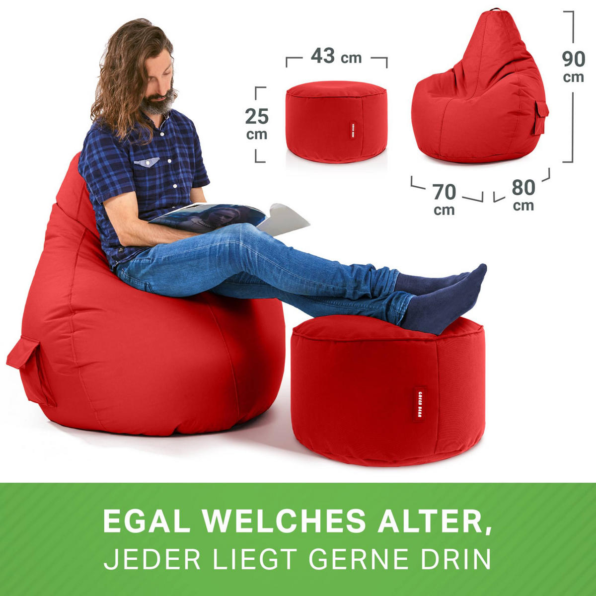 SITZSACK + Hocker "Cozy+Stay" 2er Set - Rot, Textil (70/90/80cm) - Green Bean
