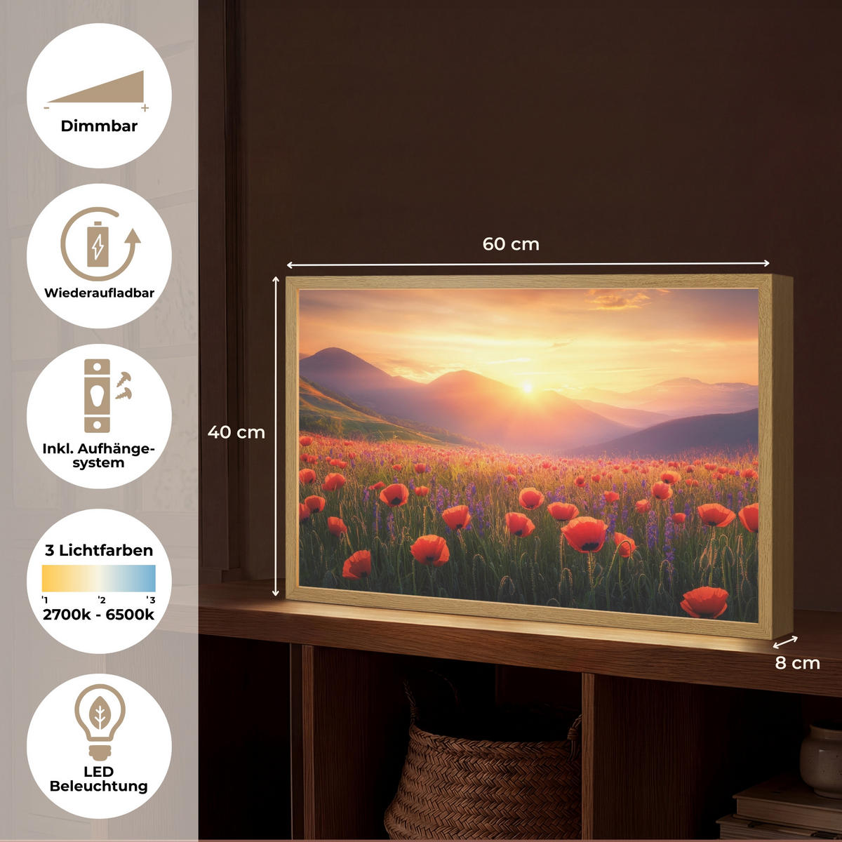 WANDLEUCHTE MIT AKKU Landschaft - Sonnenuntergang - Blumenfeld 60x40 cm - Rot, Holzwerkstoff (60/40/8cm) - OnlyWow