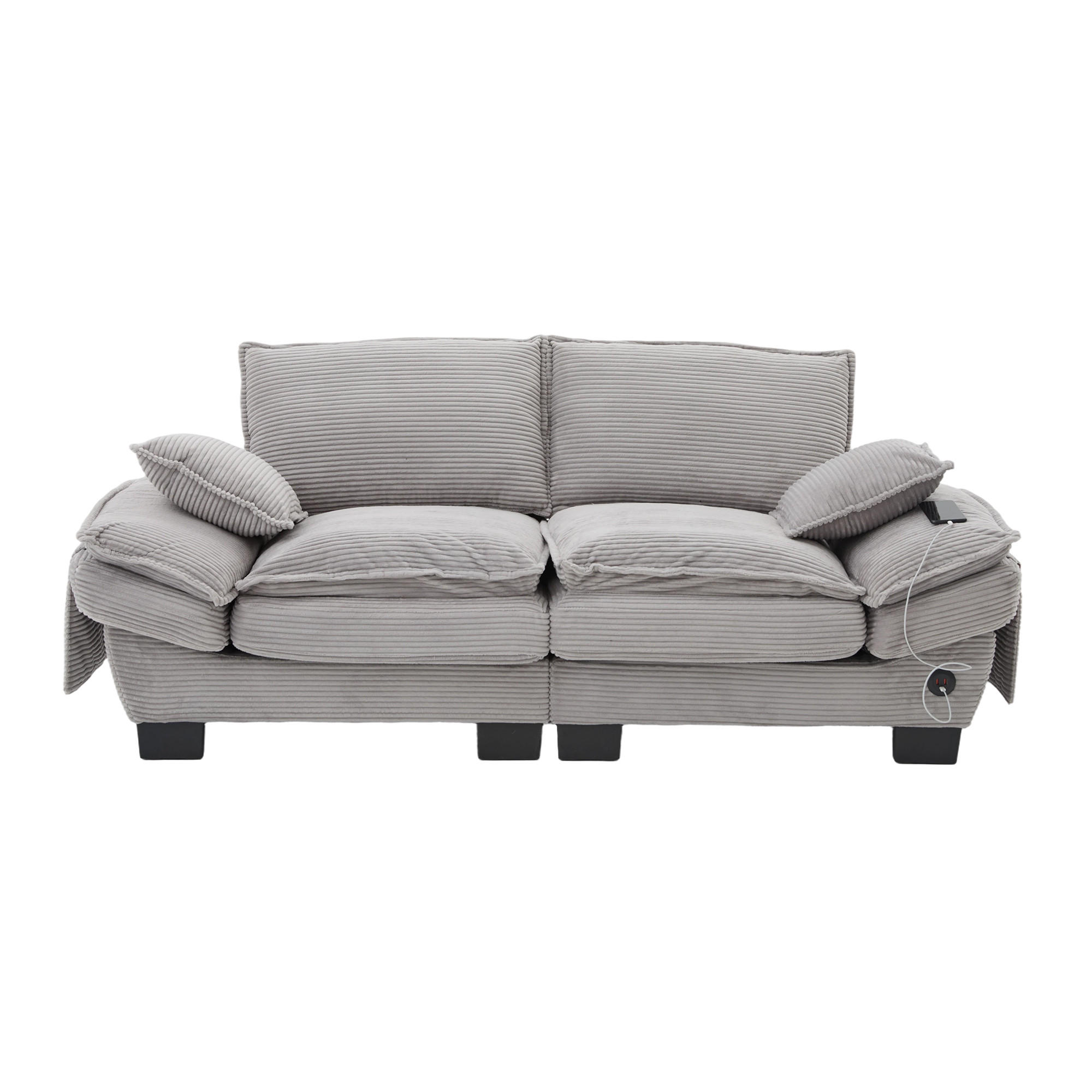 2-SITZER SOFA Cord Hellgrau mit USB-C und Seitentaschen - Hellgrau, Holzwerkstoff/Kunststoff (190/84/73cm) - WISHDOR