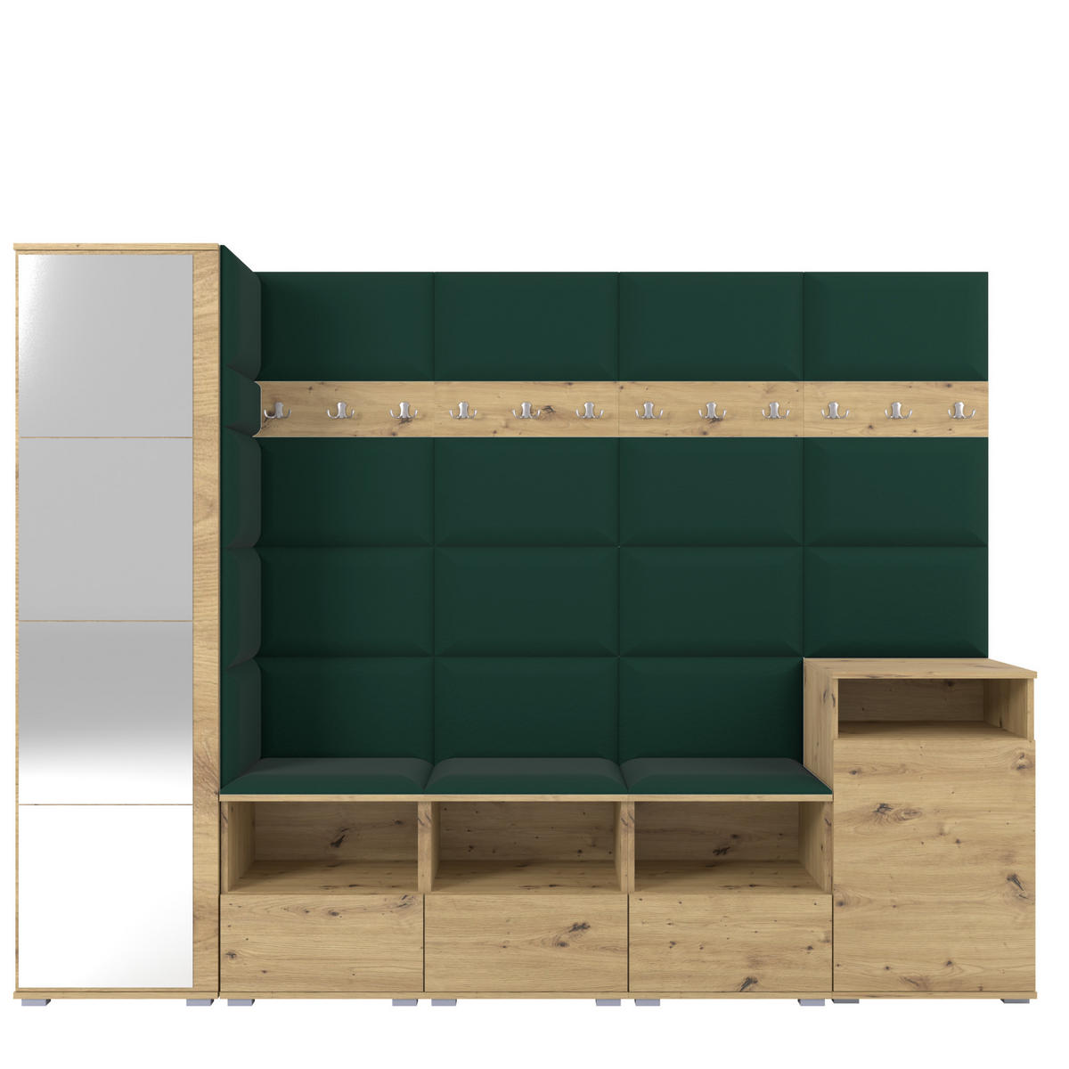 GARDEROBE NELA XI 250 cm (Modulare Flurmöbel Artisan Eiche mit Spiegel & Sitzpolster Flaschengrün 28 Großes Set) - Dunkelgrün/Silberfarben, Holz/Holzwerkstoff (250/187/40cm) - Ravio