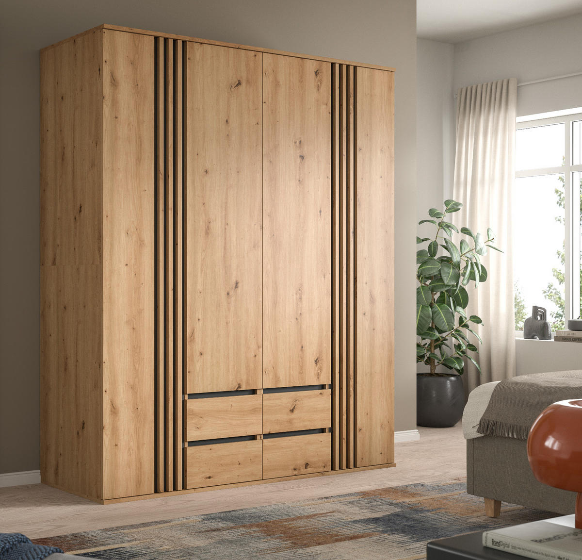 KLEIDERSCHRANK Eiche Artisan, grau 160 x 192 cm 4-türig, Drehtürenschrank mit Schubladen - Anthrazit/Eiche Artisan, Holzwerkstoff (160/192/56cm) - Inn.Furn
