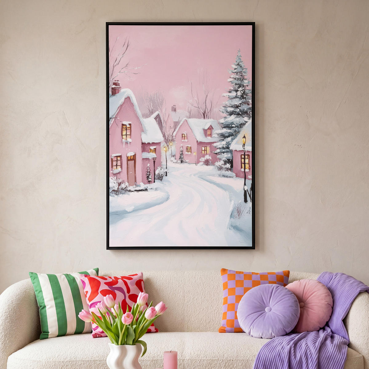 LEINWAND Bilder mit Rahmen - Weihnachtsdorf - Rosa - Winter - Schnee - Häuser - 80x120 - Altrosa, Textil (80/120cm) - MuchoWow