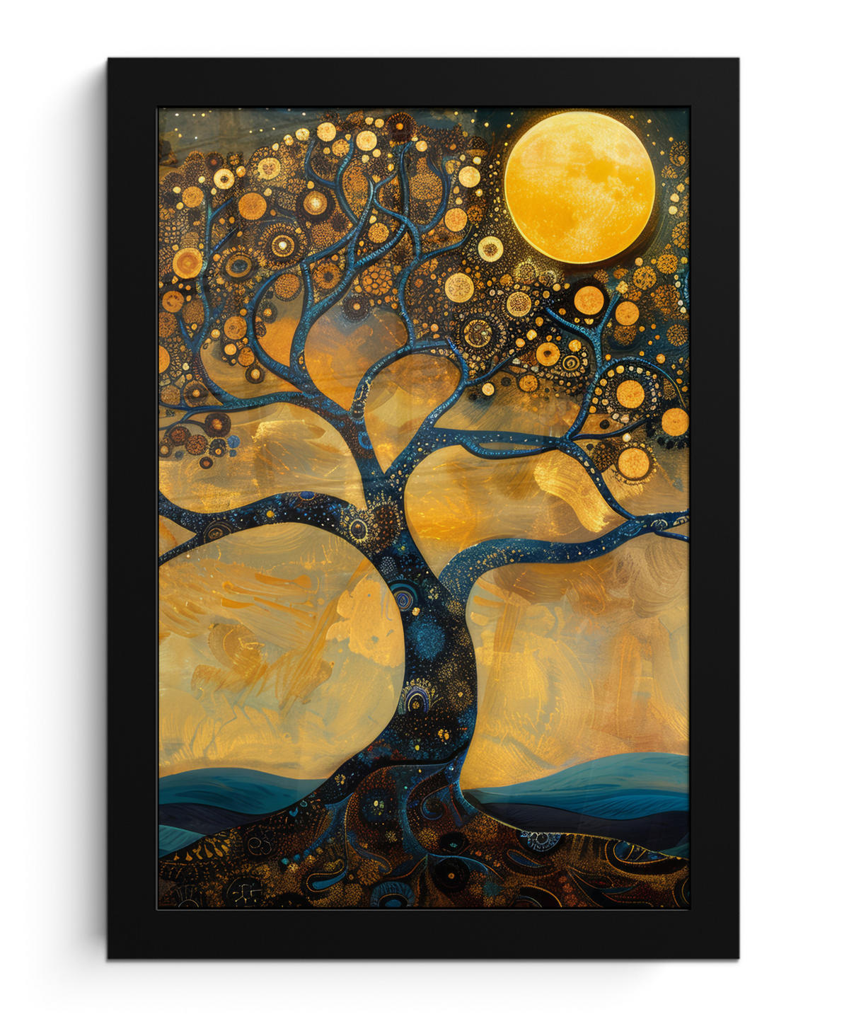 GERAHMTES BILD Baum - Mond - Blumen - Gold - Kunst 20x30 cm - Orange, Papier (20/30cm) - MuchoWow