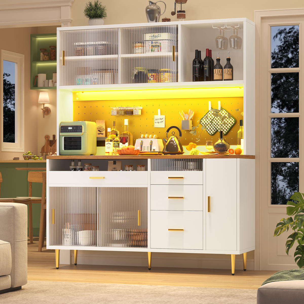 BUFFET 145/39/171 cm weiß aus MDF und Glas mit LED - Weiß, Glas (145/171/24cm) - OKWISH