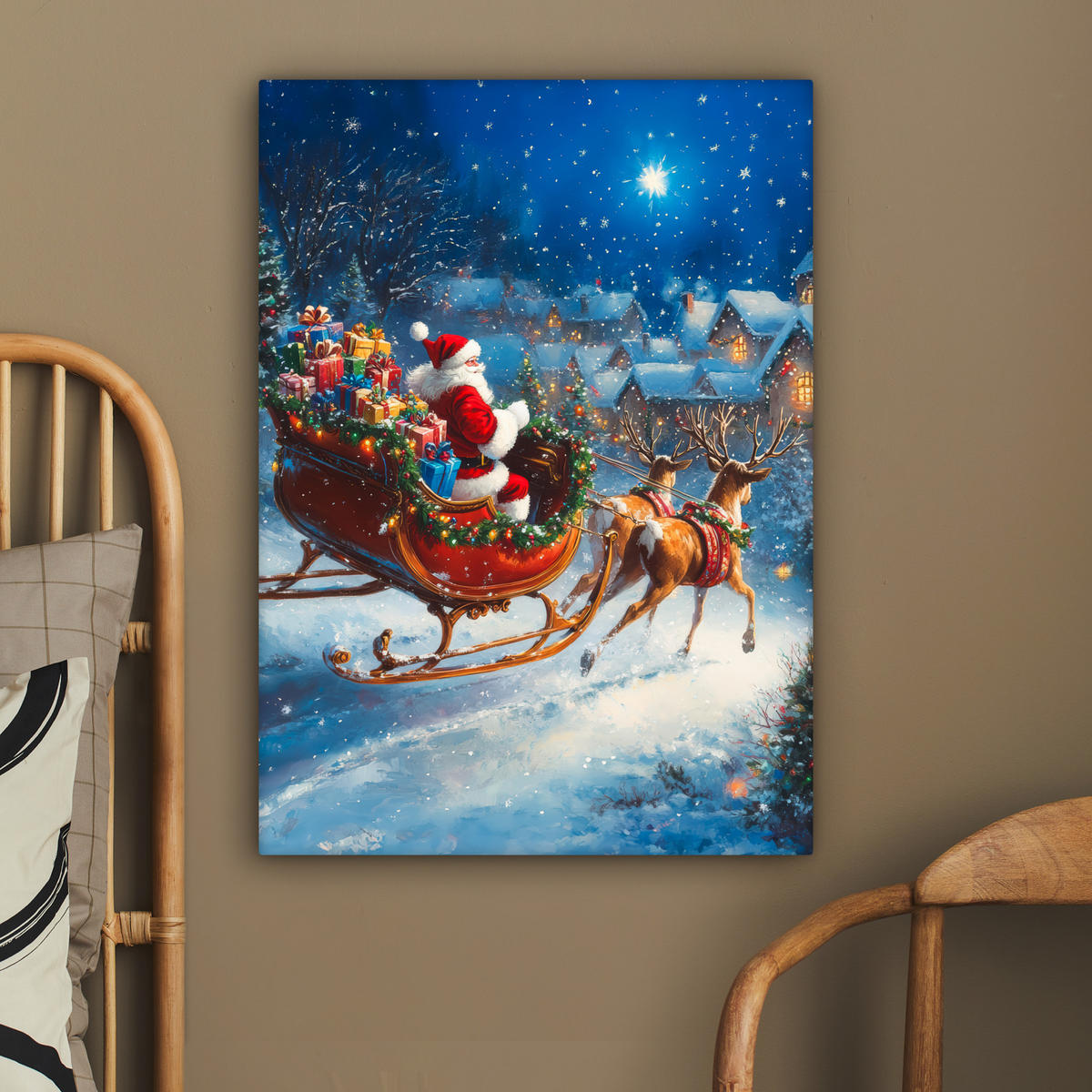 LEINWANDBILD Weihnachtsmann - Rentier - Weihnachten - Schnee 60x80 cm - Cognac, Textil (60/80cm) - MuchoWow