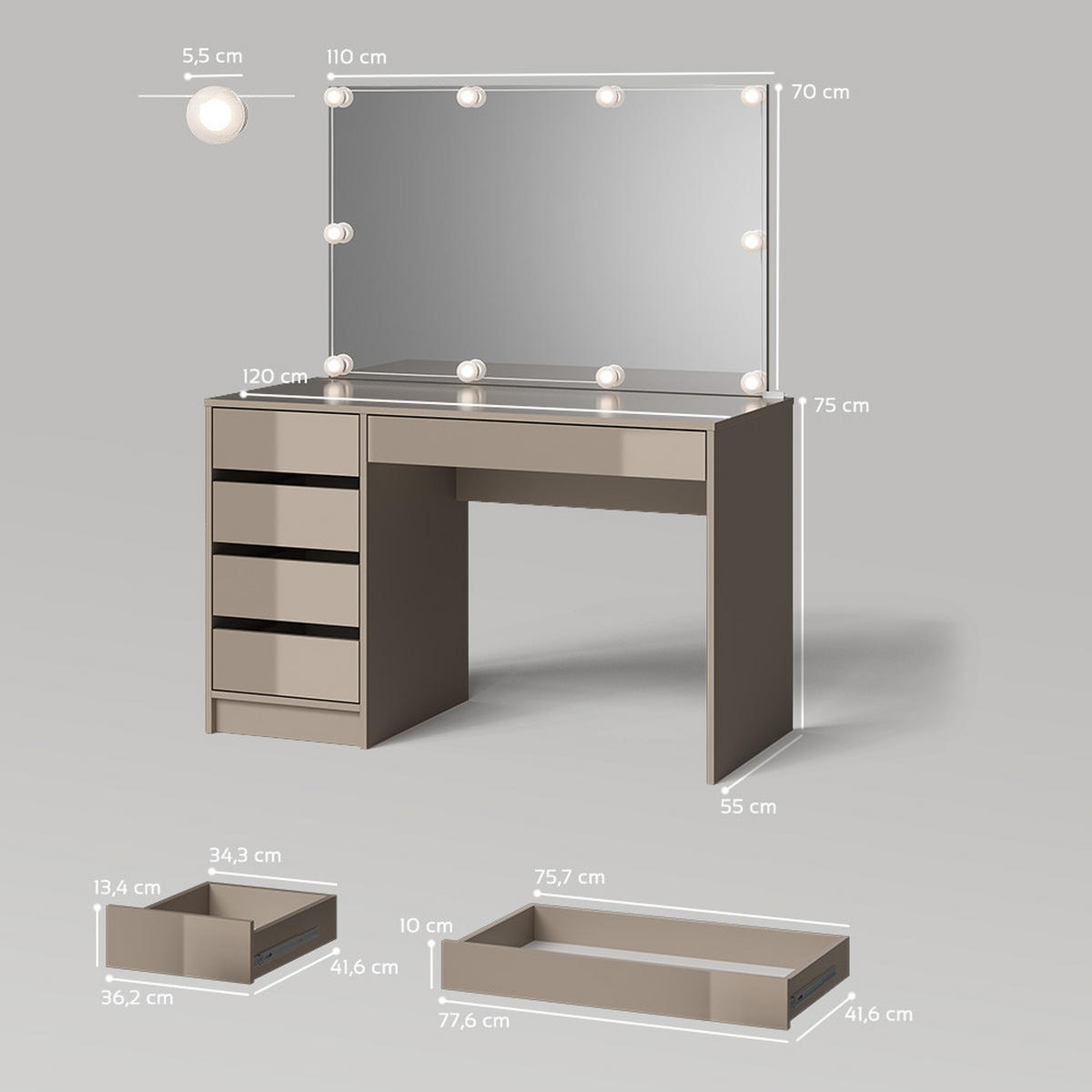SCHMINKTISCH Imola Greige 120 cm mit LED-Kette - Greige, Holzwerkstoff (120/75/55cm) - Livinity®