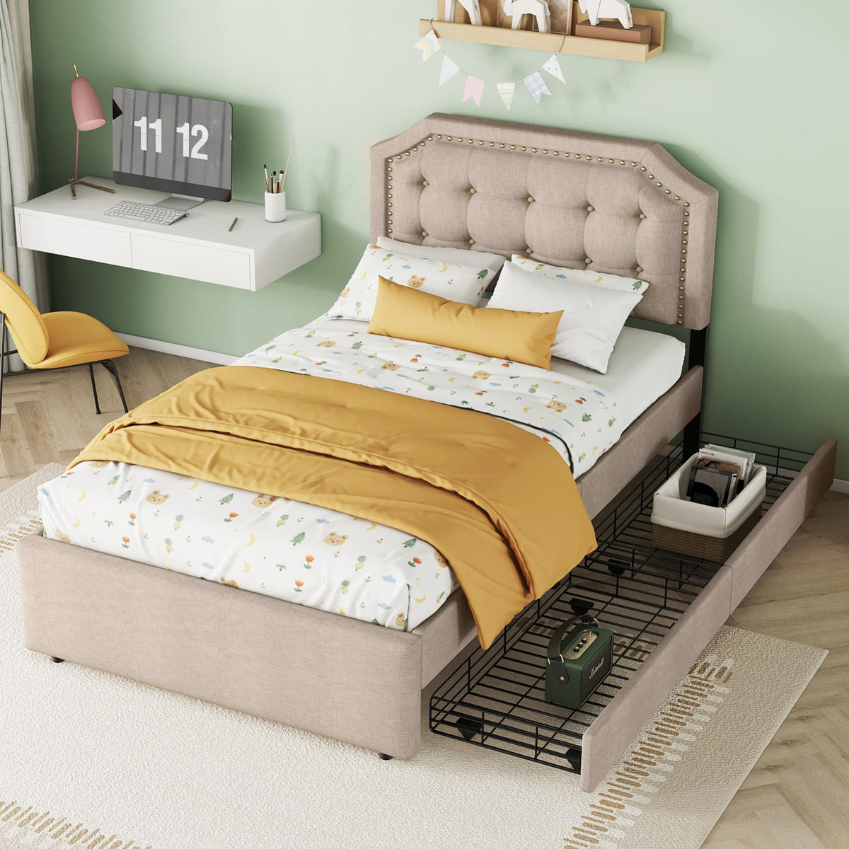 POLSTERBETT 90/200 cm aus Leinen und MDF mit 2 Schubladen und höhenverstellbarem Kopfteil, Dunkelbeige - Beige, Holzwerkstoff (90/200cm) - Redom