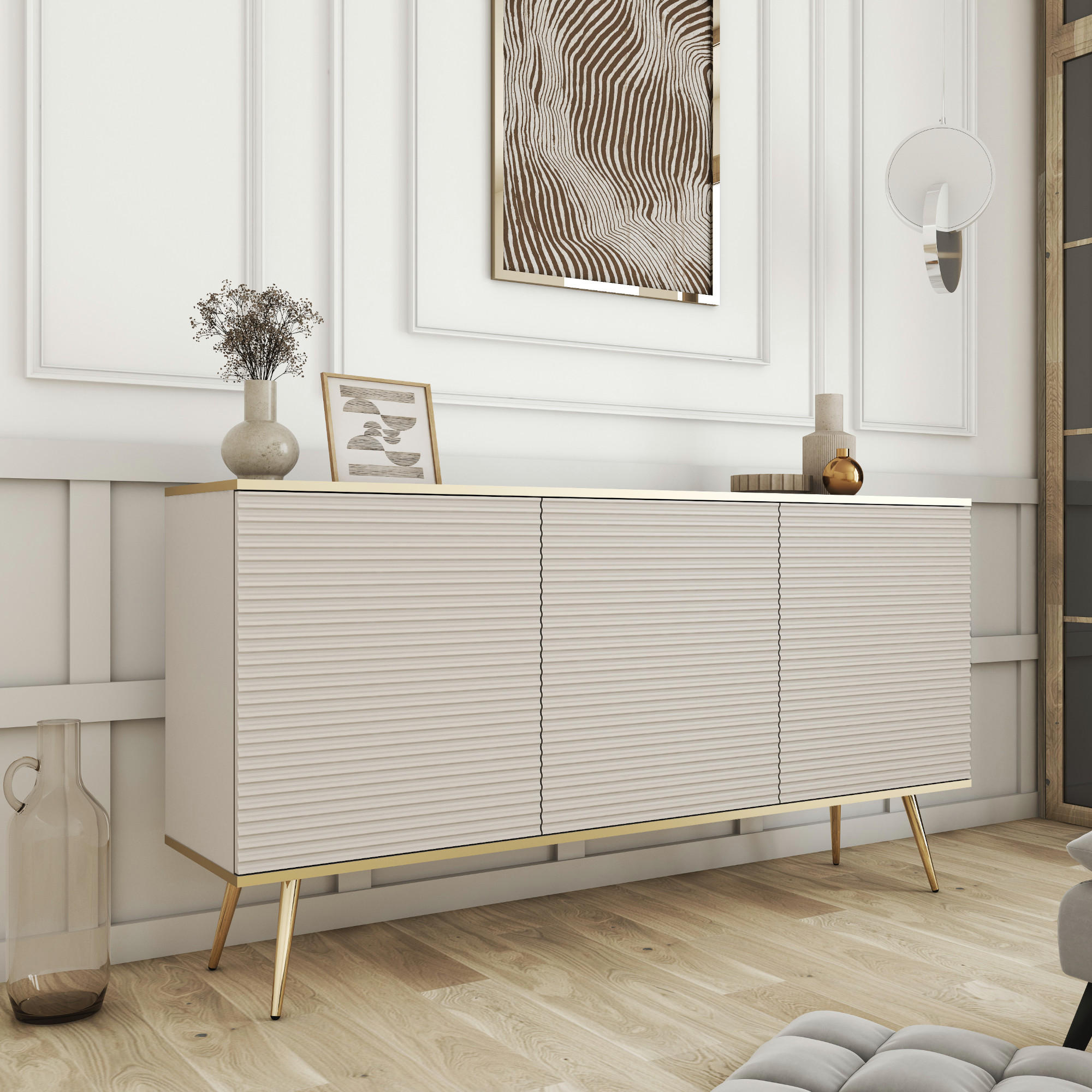 SIDEBOARD BANFF KOM2-3D Goldene Metallbeine, geriffelte Fronten, Beige - Beige, Holzwerkstoff/Kunststoff (160/85/39cm) - Komodee