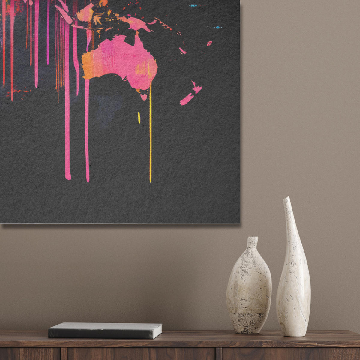 AKUSTIKBILD Weltkarte - Farbe - Bunt - Graffiti - Welt Wandbild Wohnzimmer 100x70 cm - Multicolor, Textil (100/70/0.9cm) - MuchoWow