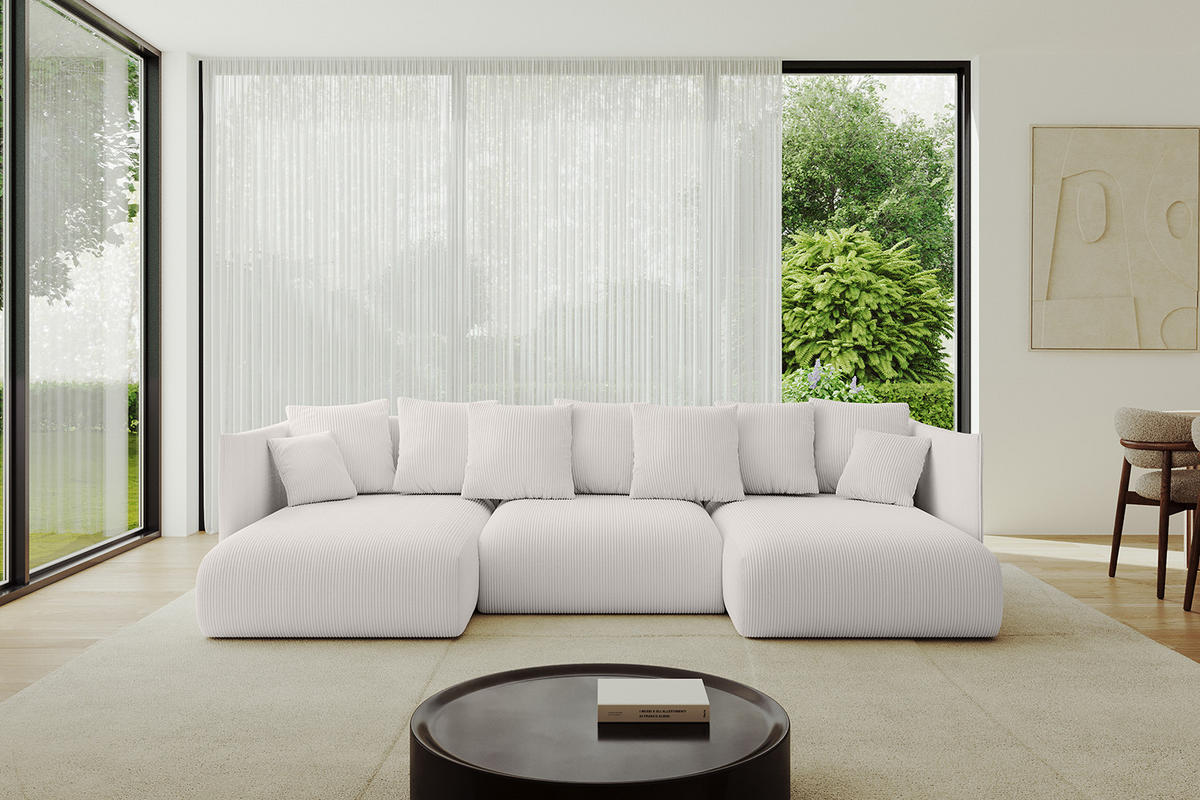 WOHNLANDSCHAFT mit Schlaffunktion und Bettkasten ONESK-U 304x165x40 Hellgrau Cord - Hellgrau, Holzwerkstoff/Kunststoff (304/90/165cm) - ALTDECOR