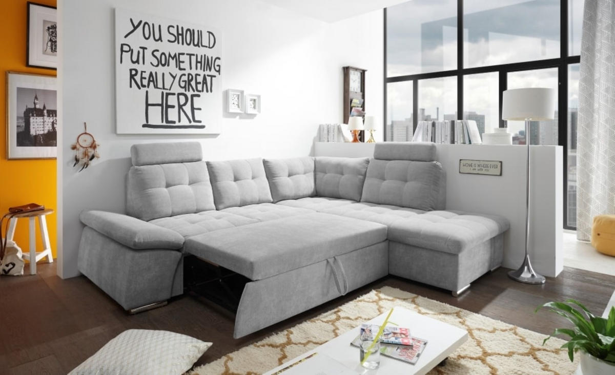 ECKSOFA mit Schlaffunktion, Bettkasten und verstellbarer Armlehne - Chromfarben/Silberfarben, Textil (219/260cm) - ed exciting design