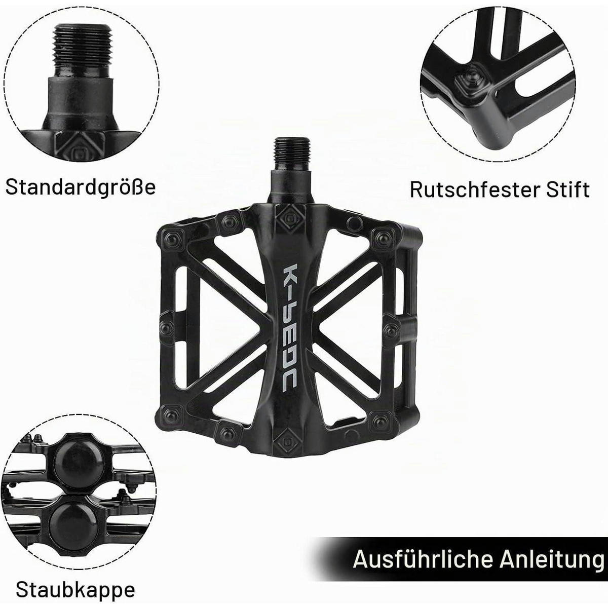 FAHRRAD Pedale Aluminium MTB/BMX mit Anti-Rutsch-Pins - Schwarz, Metall (9.2/2.7/9.8cm)