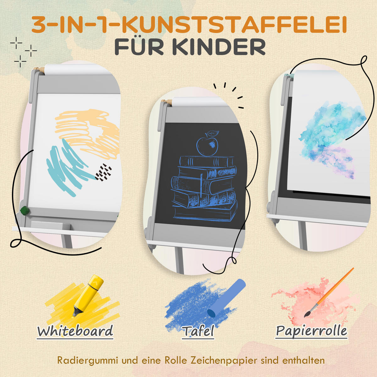 3-IN-1 Kindertafel, doppelseitige Kinder Staffelei mit Kreidetafel, Whiteboard - Grau, Holzwerkstoff (50/108/51cm) - AIYAPLAY
