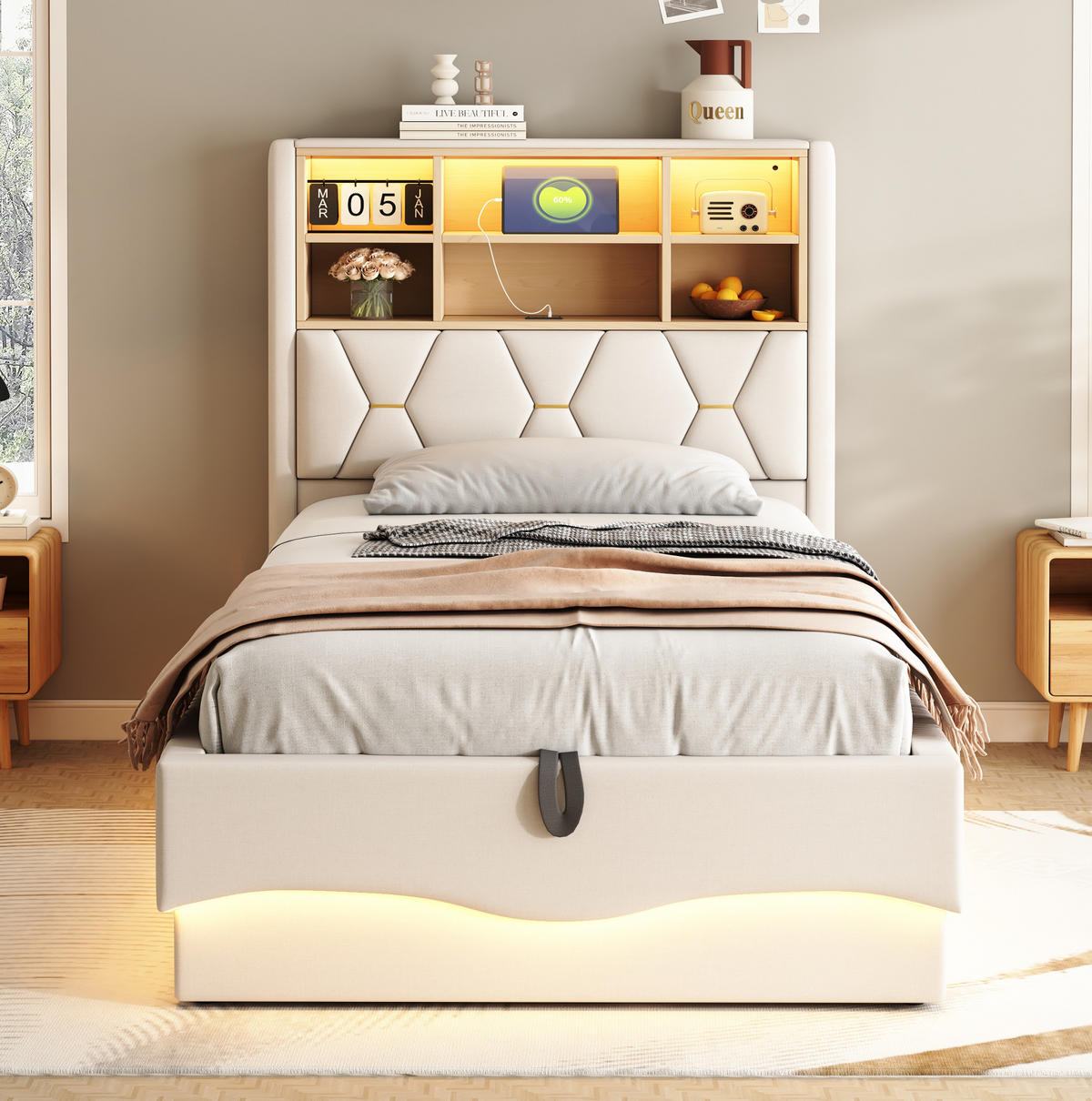 KINDERBETT 90/200 cm mit Stauraum, LED-Beleuchtung und USB in Beige - Beige, Metall (90/200cm) - BEAOK