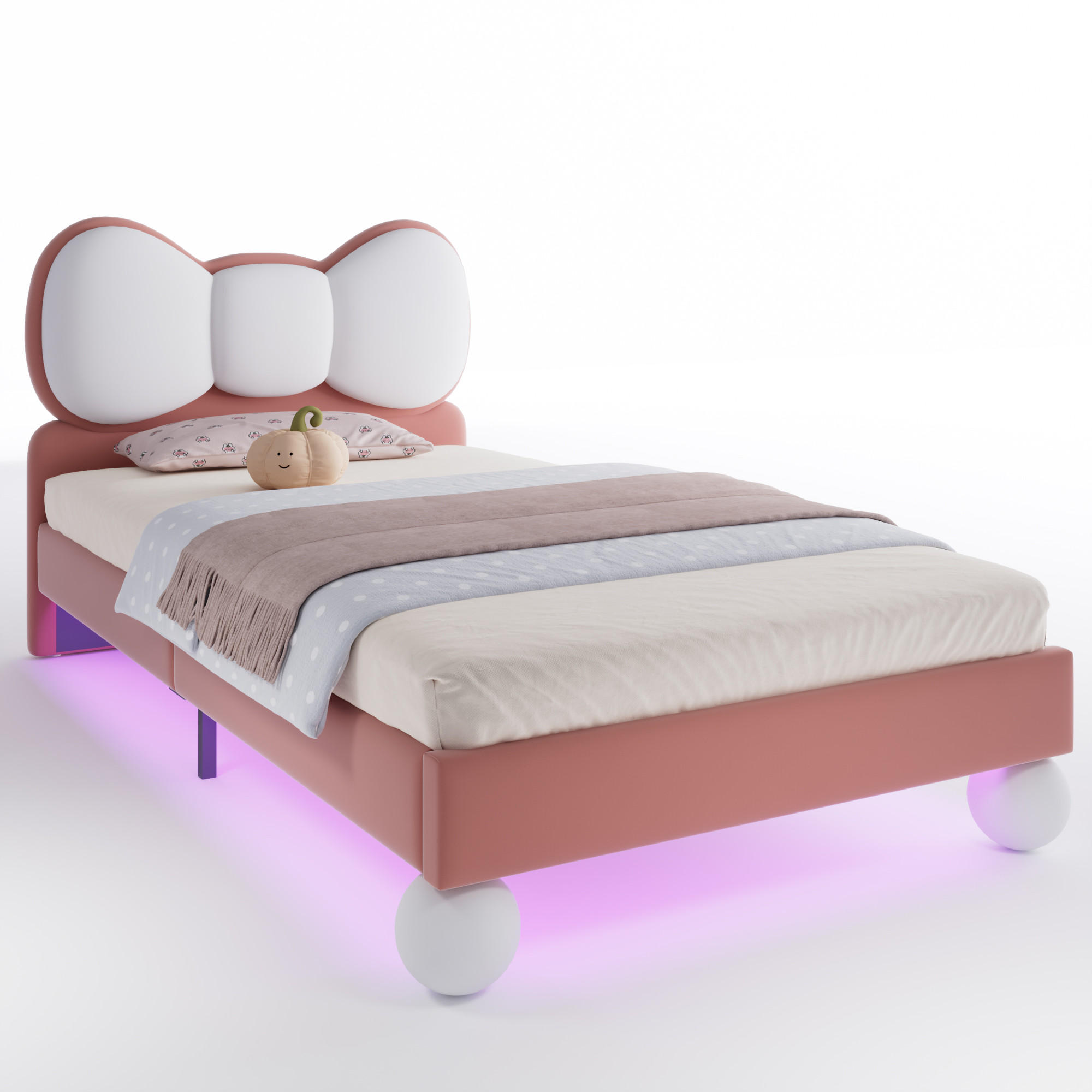 Redom DĚTSKÁ postýlka 90/200 cm s LED světelnou lištou, roštem a čalouněným čelem, béžová/růžová