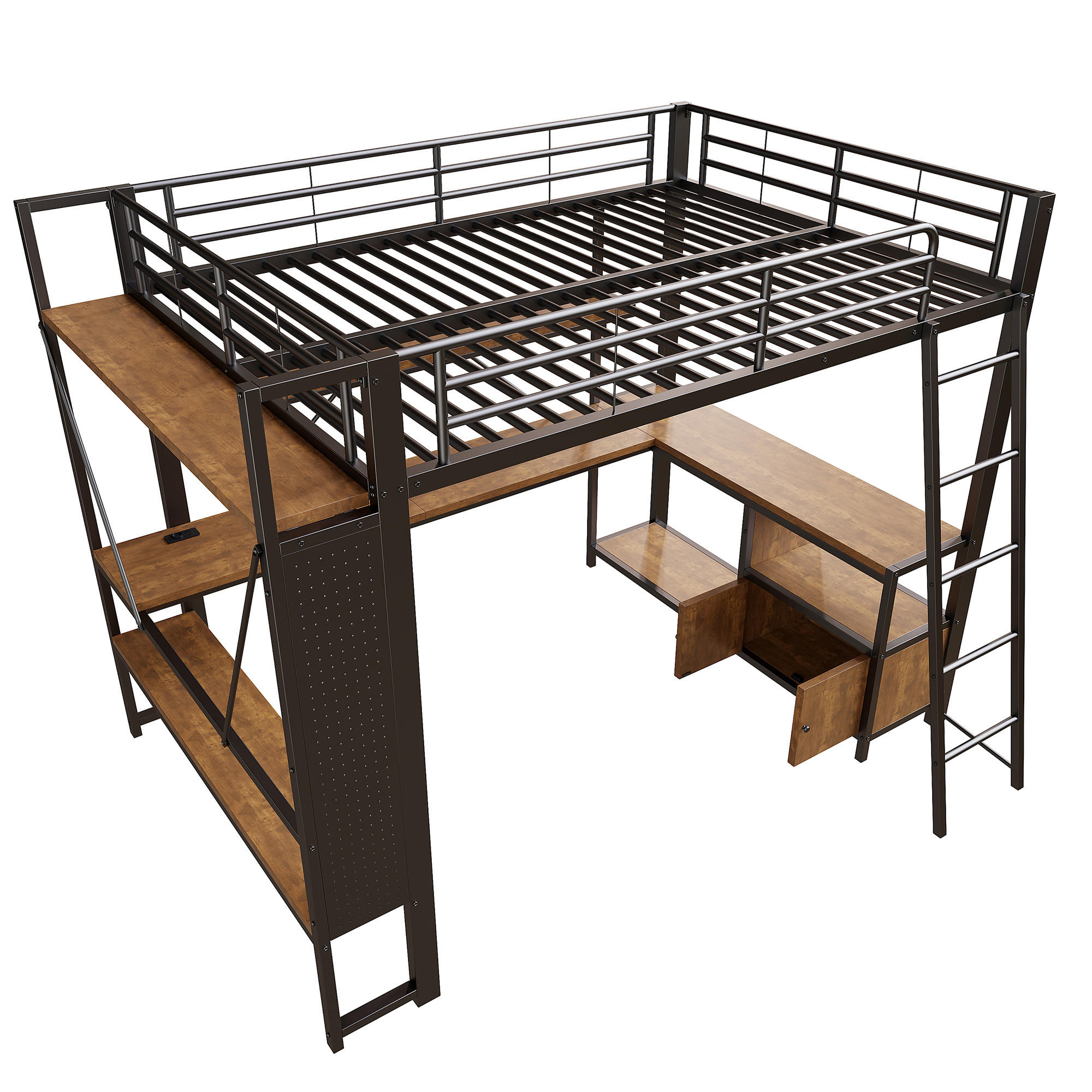 HOCHBETT 140/200 cm DE-04995, mit LED, Schreibtisch und Lochwand in Schwarz - Schwarz, Metall (140/200cm) - ComfortXL