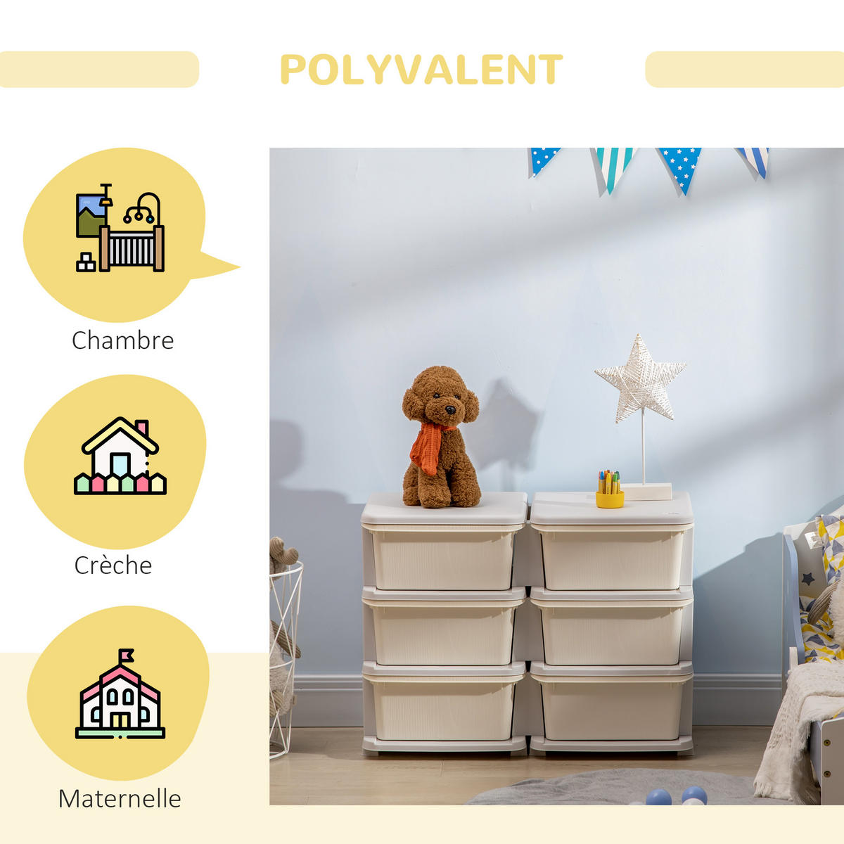 SPIELZEUGTRUHE DE-17261 6 Schubladen, 3 Ebenen Creme - Creme, Textil (37/75cm) - ComfortXL