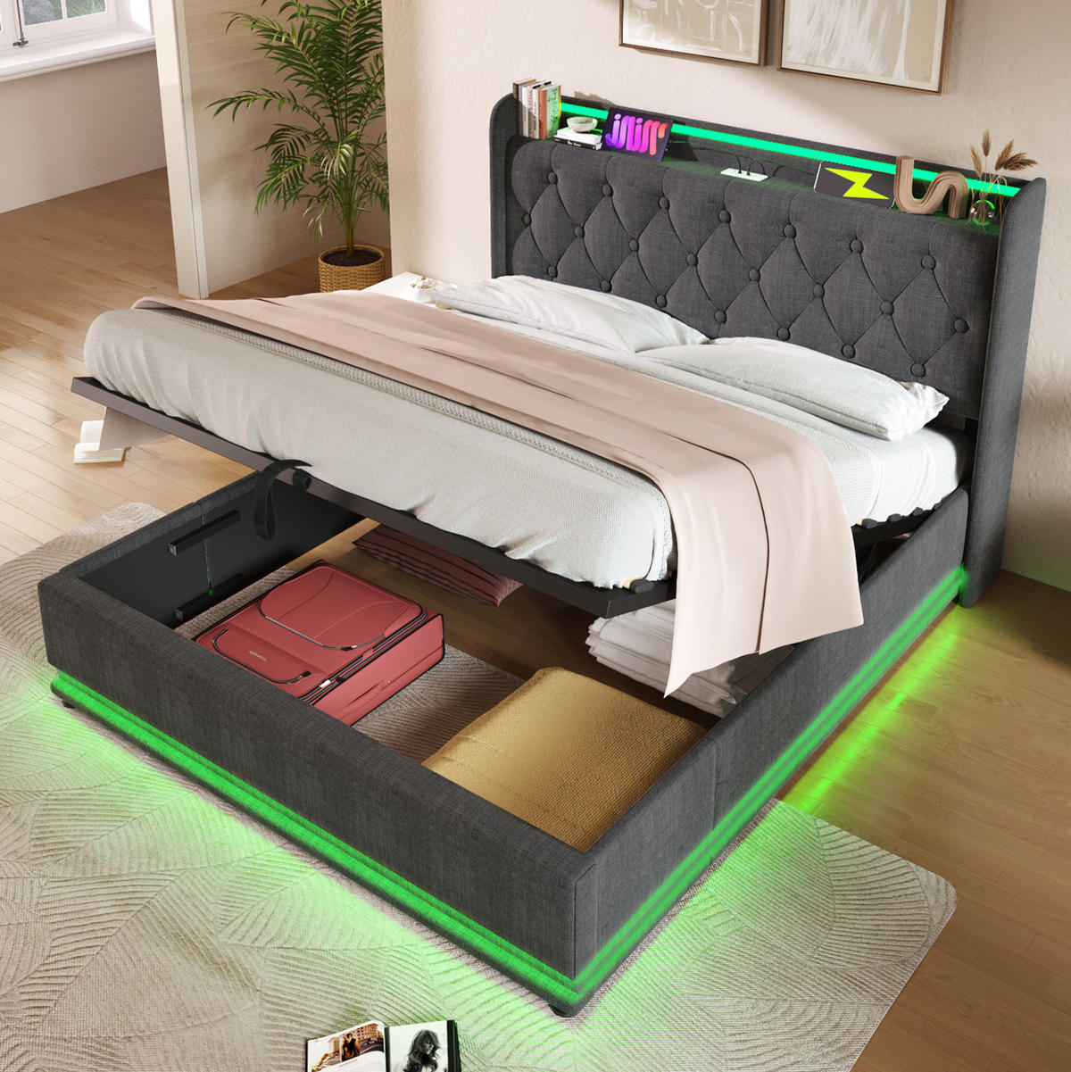 BETT mit Stauraum und LED 140x190 cm Leinen Grau - Grau, Metall (140/190cm) - Meubliv