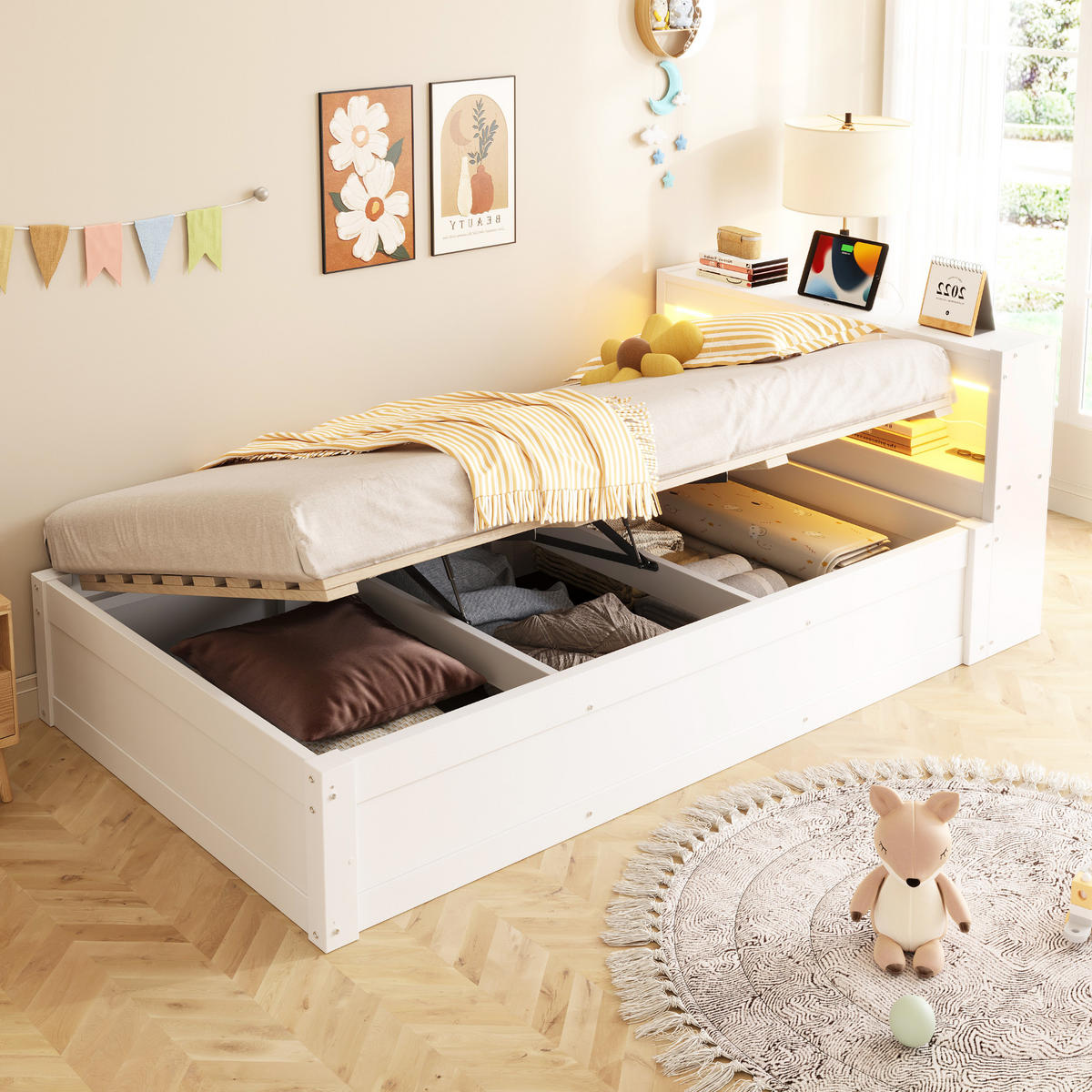 SCHLAFSOFA 90x200cm LED Stauraum Steckdose Massivholz Weiß - Weiß, Holzwerkstoff (90/200cm) - FLIEKS