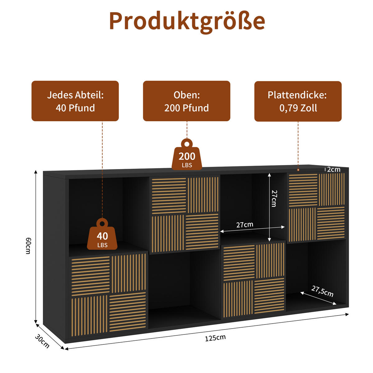 BÜCHERREGAL 125x30x60 cm Holz Lamellen Design Sideboard Aufbewahrung, Schwarz - Schwarz, Holz (60/125/30cm)