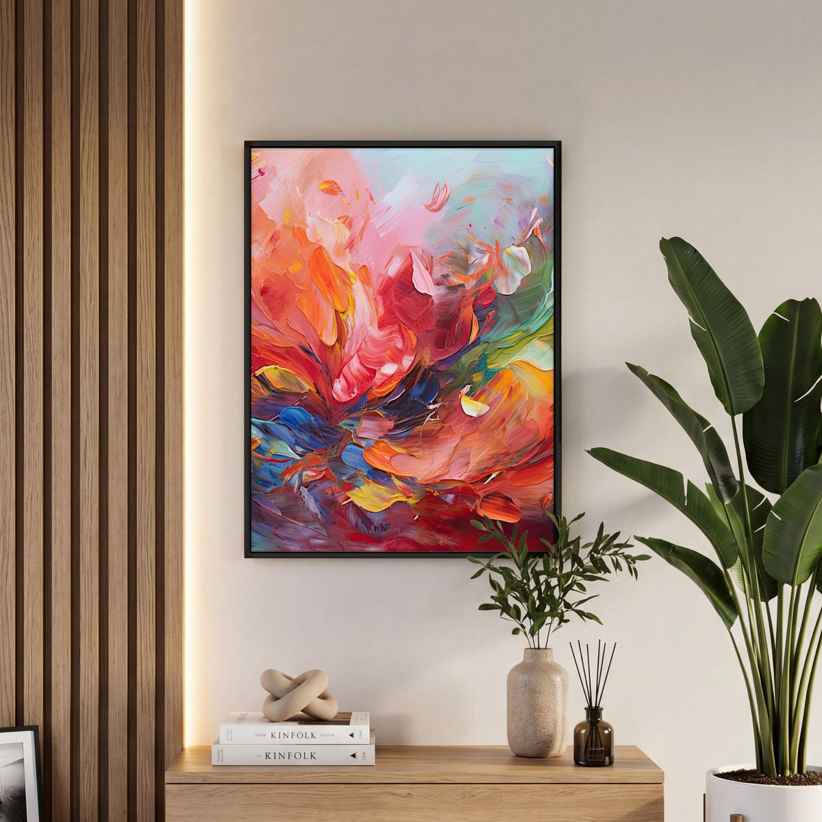 LEINWAND Bilder mit Rahmen - Ölgemälde - Kunst - Abstrakt - Farbenfroh - 60x80 - Altrosa, Textil (60/80cm) - MuchoWow