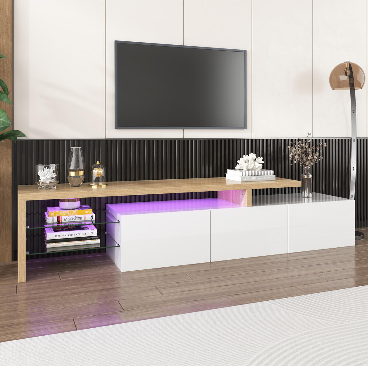 TV-LOWBOARD 197,5/39/42 cm mit 3 Türen und LED-Beleuchtung - Weiß, Holzwerkstoff (197.5/42/39cm) - BEAOK
