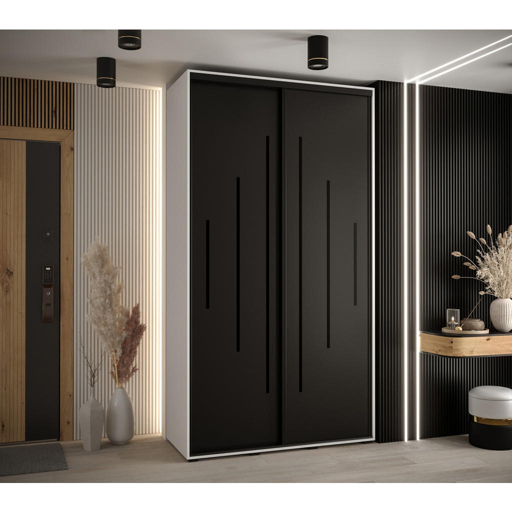 Thumbnail - Abiks Möbel Schwebetürenschrank, Weiß, Schwarz, Schwarz, Metall, Nachbildung, 6 Fächer, 140x235x60 cm, Schlafzimmer, Kle...