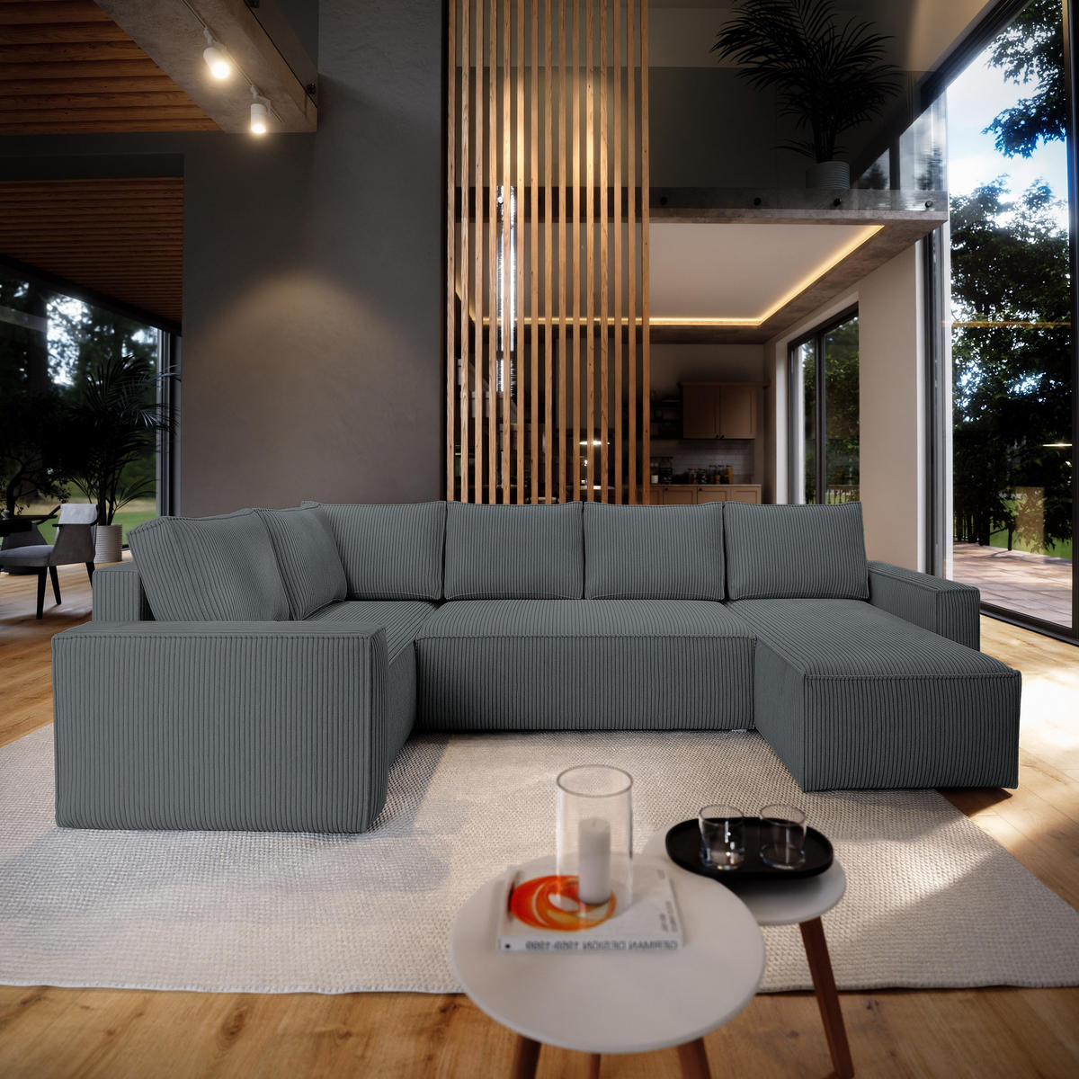 ROHOVÁ SEDAČKA NORENA šedá - šedá, dřevo/textil (295/157.5cm) - MASSENO